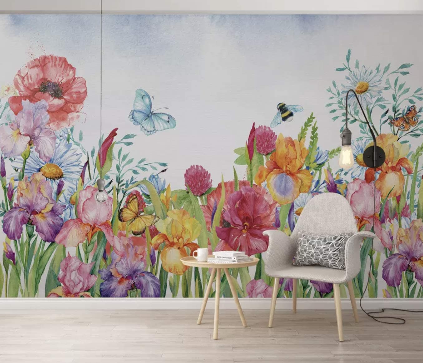 Murwall Floral Wallpaper Watercolor Flower Wall Mural Daisy Poppy Wall Art Boho Home Decor Bohemian Cafe Design Living Room Entryway