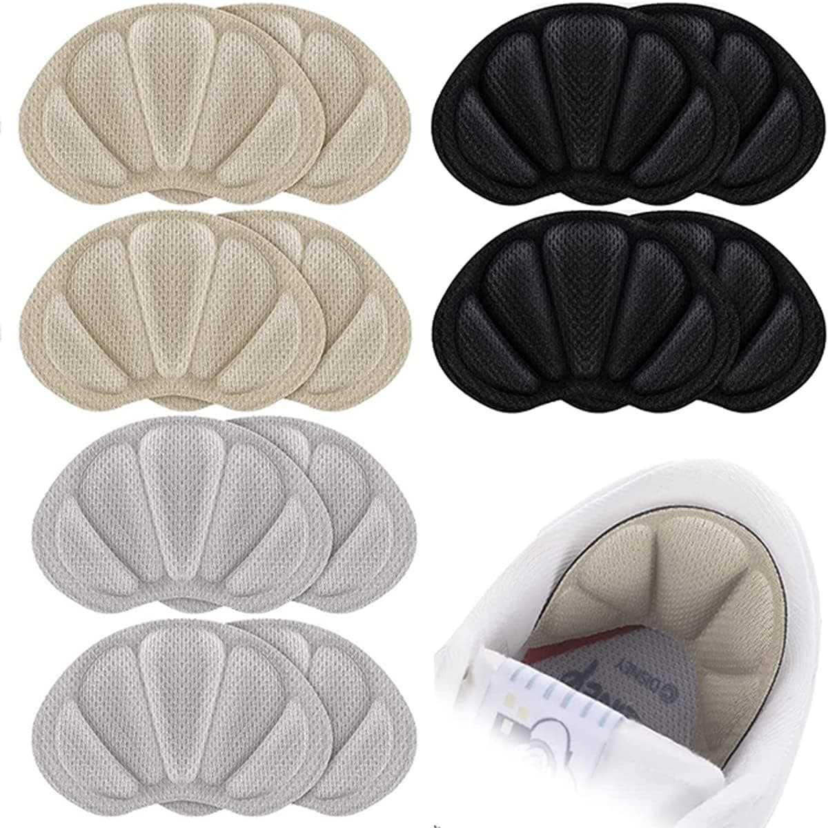 Back of Heel Cushion Inserts, Self-Adhesive Heel Grips Pads for Shoe Too Big, Heel Protectors Guards Liners for Women Men Preventing Blisters, Improved Shoe Fit-6 Pairs (Black,Grey,Beige)
