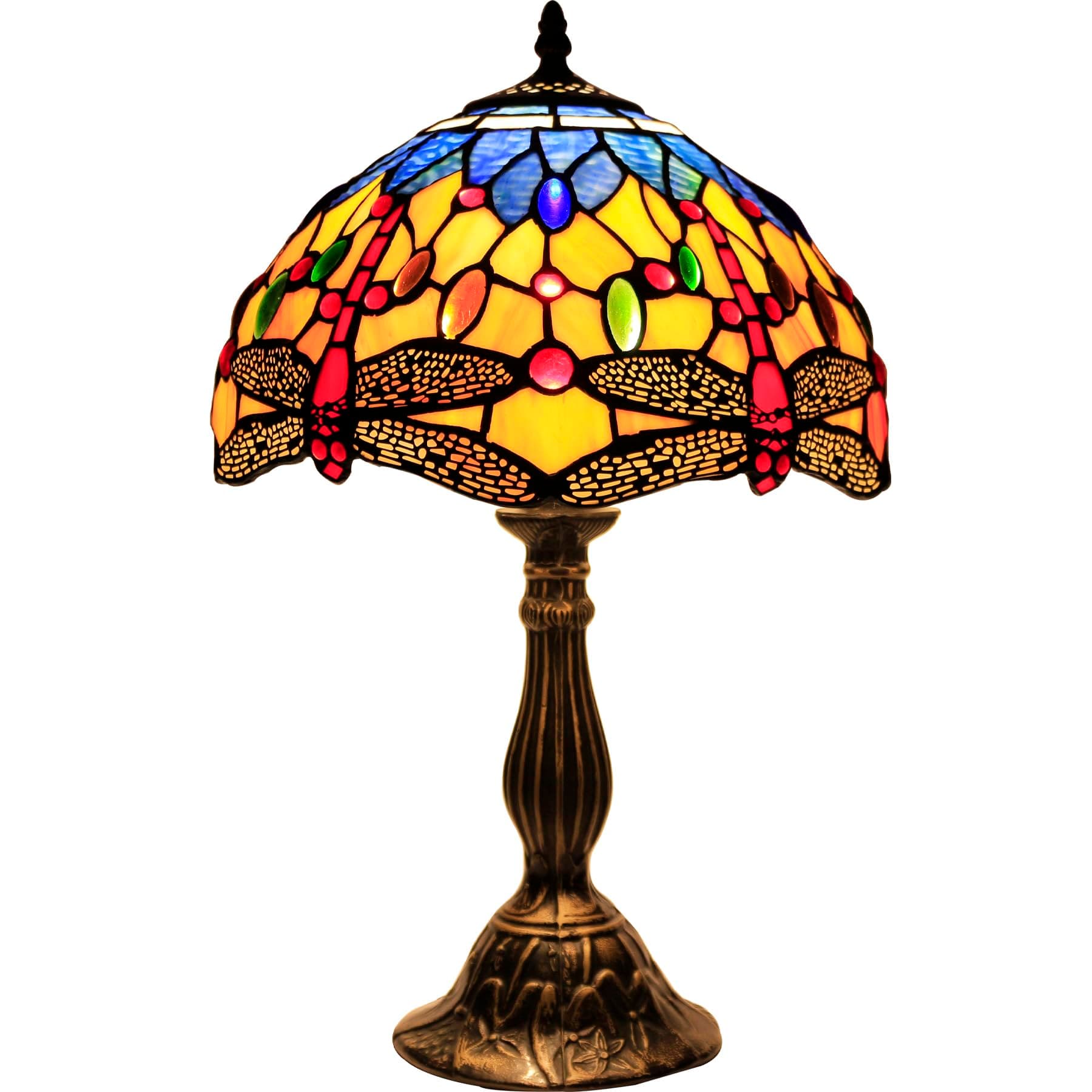 Tiffany Lamp Stained Glass Bedside Table Lamp Orange Blue Dragonfly Style Reading Desk Light 12X12X18 Inches Decor Bedroom Living Room Home Office S168 Series