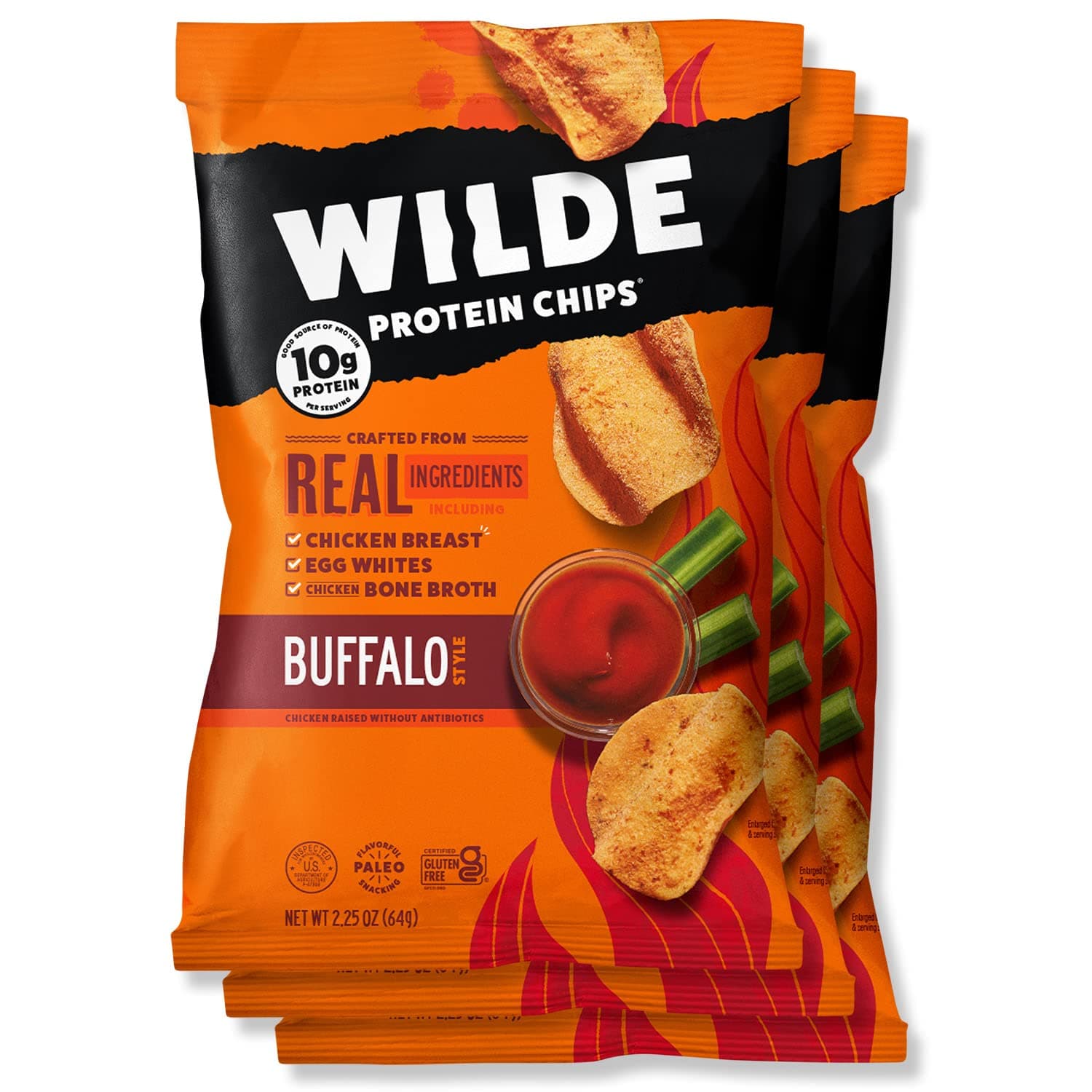 WILDE Buffalo Protein Chips, Thin and Crispy, Protein Rich, Keto Friendly, Made with Real Ingredients, 64 ml Bag (Pack of 3)