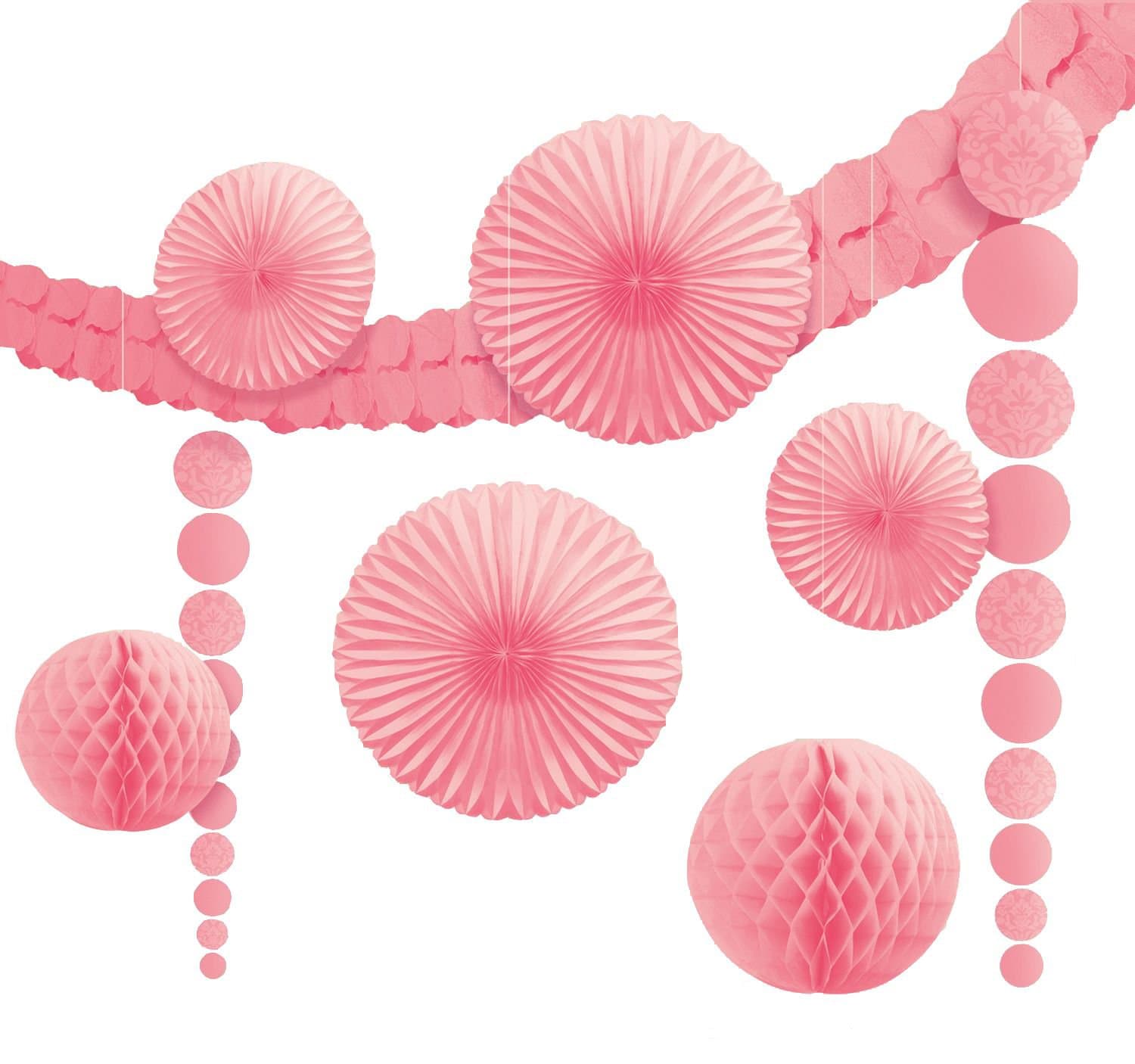 Amscan 249261 - Deko-Set Damast Hellrosa, 9-teilig, Papier, verschiedene Größen, Hängedekoration, Girlande