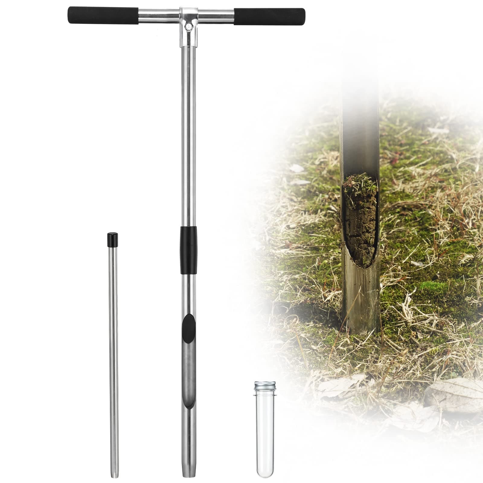 Soil Sample Probe - 30 inch Soil Test Kit with Ejector Long Handle - Stainless Steel Soil Core Sampler Test Probe Rod Tool with Test Tube for Lawn Care