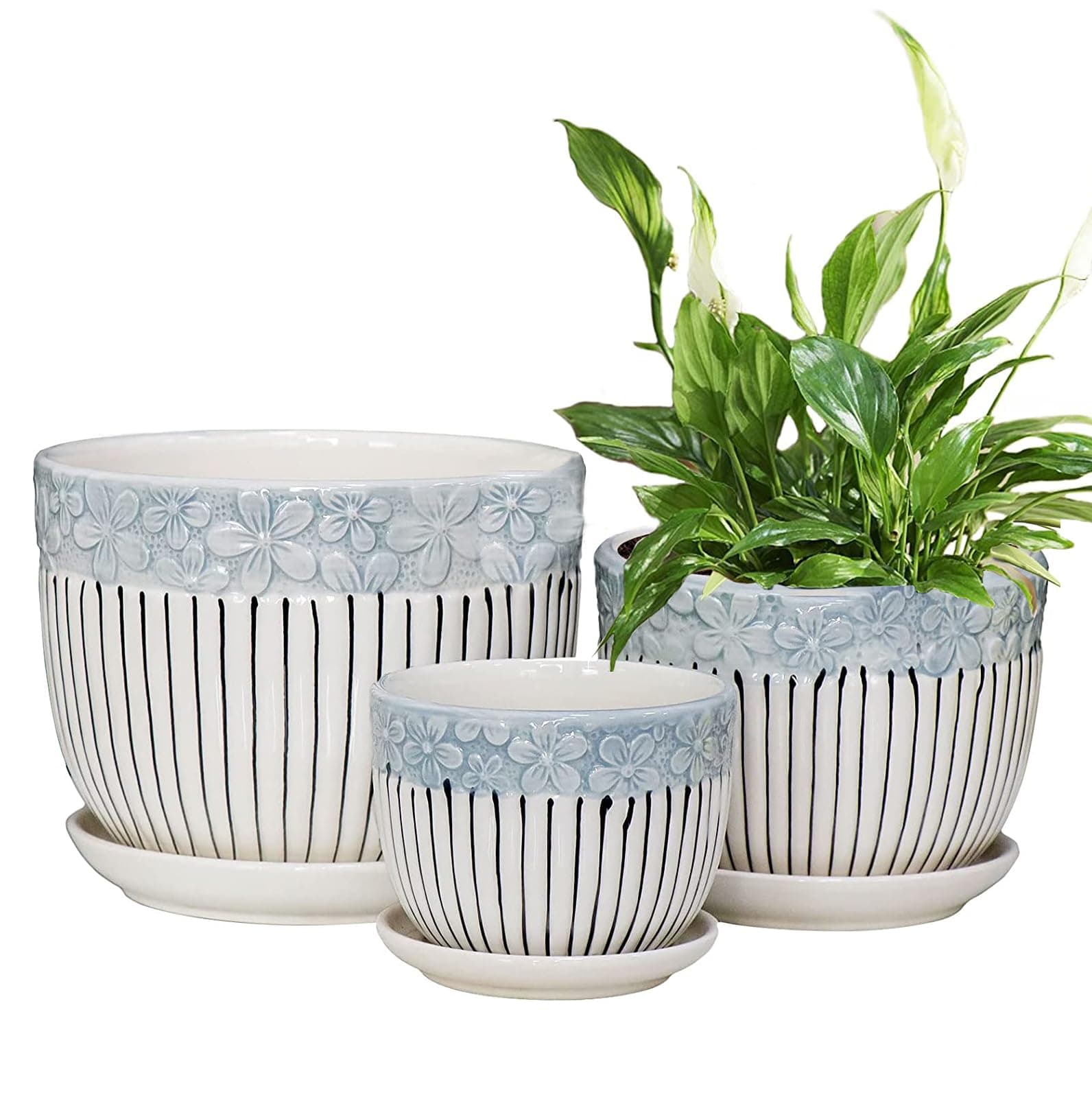 Plant Pots, 11cm & 14cm & 17cm Flower Pot with Drainage Holes and Saucers, Set of 3 Ceramic Plant Pot with Tray, Outdoor Small to Medium Sized Round Modern Ceramic Garden Flower Pots