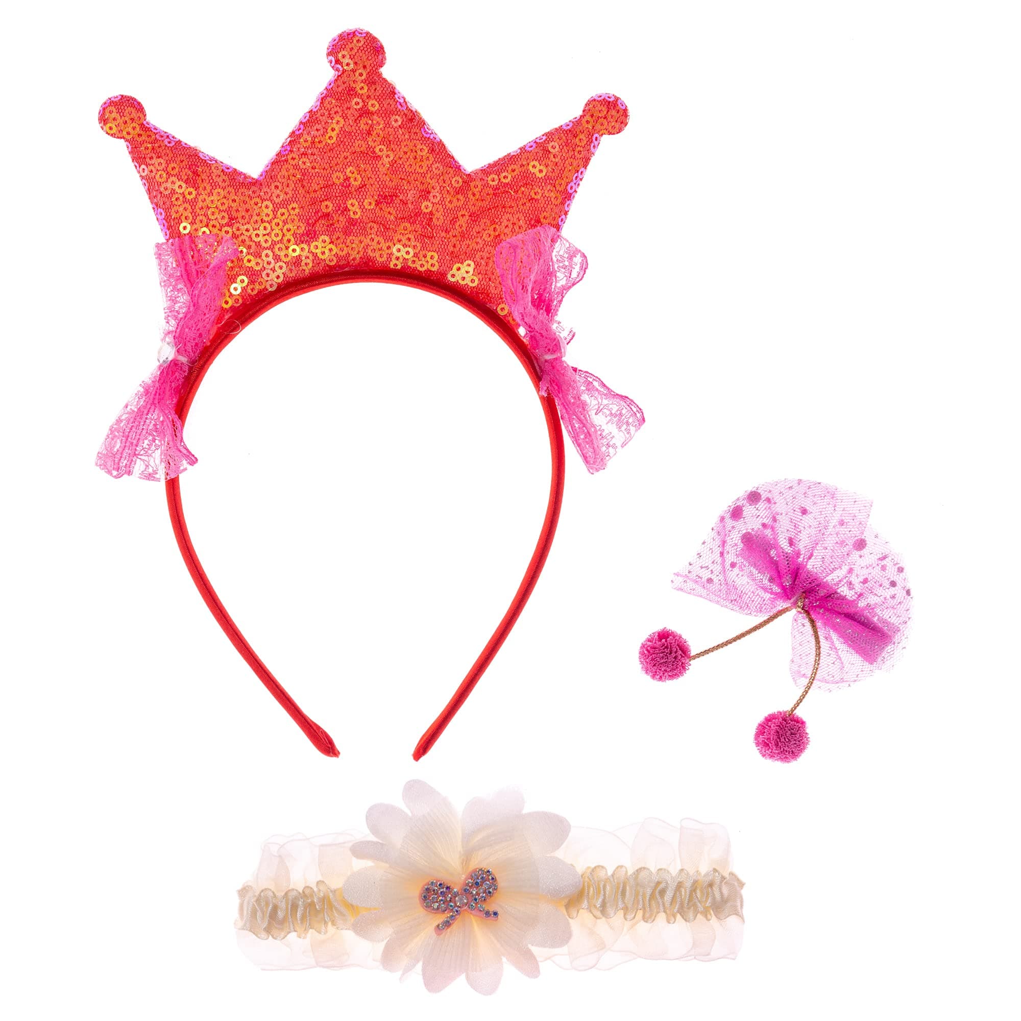 AWEFITCute and Stylish Combo of Red Hair Band Sequins Crown Headband Bow Hair Clips Elastic Lace Hair band Hair Accessories for Girls Kids and Women Set of 3 with Gift Box.