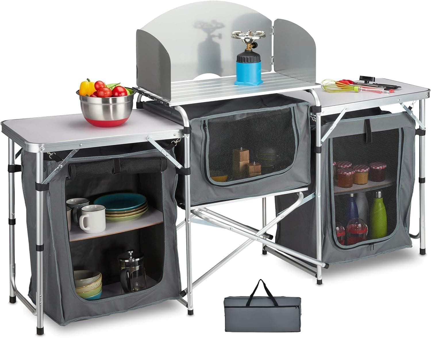 DWD Aluminum Portable Grey Fold-Up Camping Kitchen with Windscreen & 5 Enclosed Cupboards,Cook Station, BBQ, Camping, Picnic, Kitchen Mesh-Door Storage Shelves Carrying Bag 175cm W x 46cm D x 111cm H