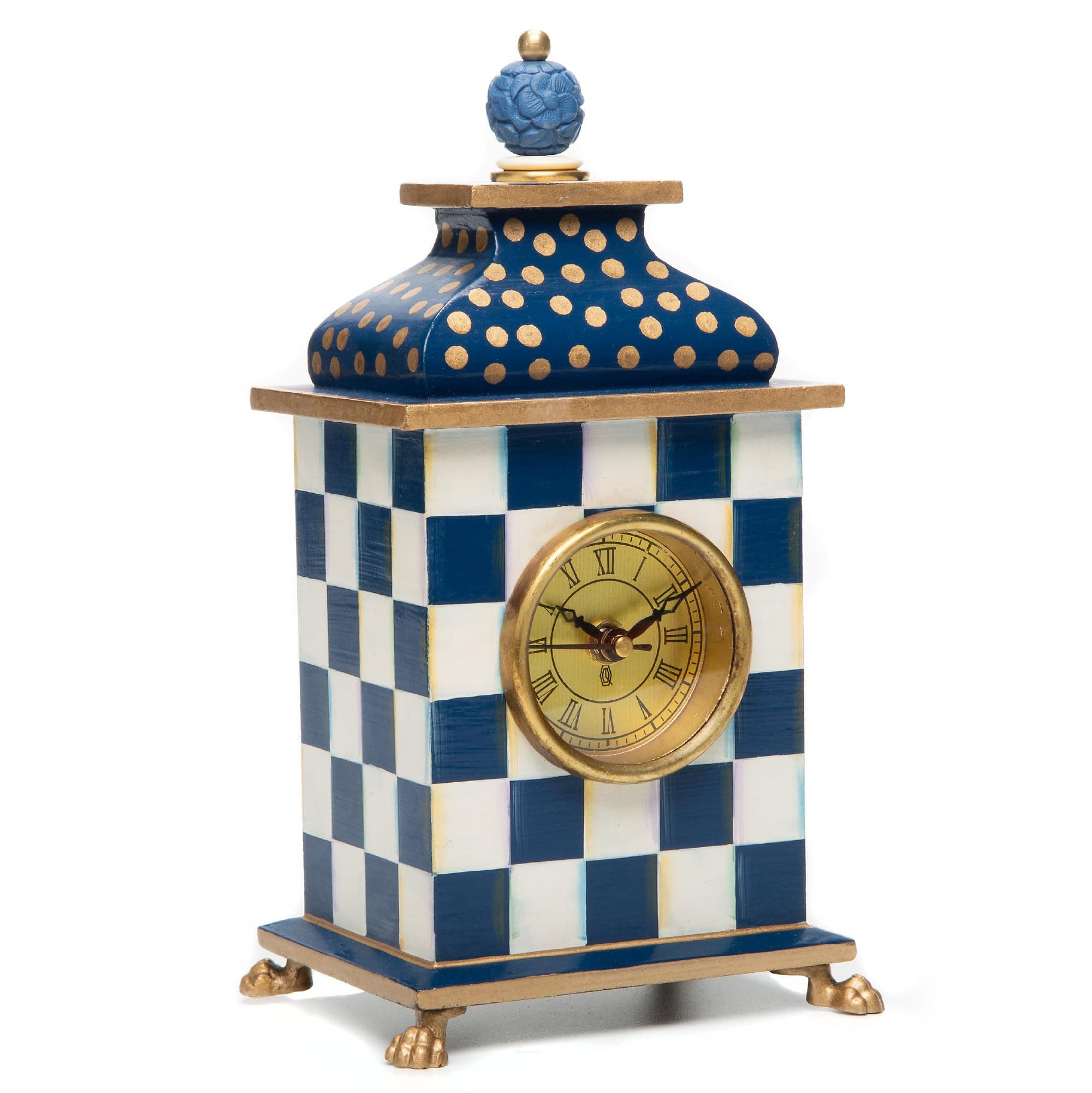 Desk Clock, Decorative Wood Clock for Kitchen and Living Room, Blue-and-White Royal Check