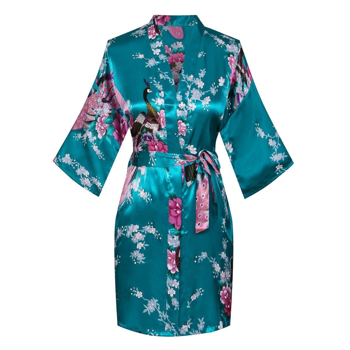 Women's Kimono Robes Peacock and Blossoms Short Style Silk Nightwear