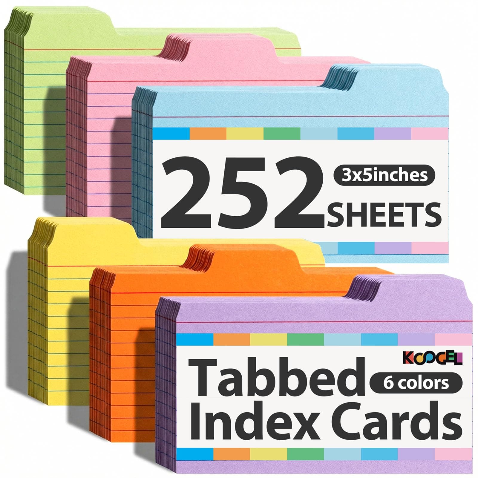 Koogel Index Cards 3x5, 252PCS Colored Flash Card Dividers with Tabs, Dividers Notecards Memo Scratch Pad for Studying Color Coding Project School Supplies Learning Recipe Note Taking To Do List