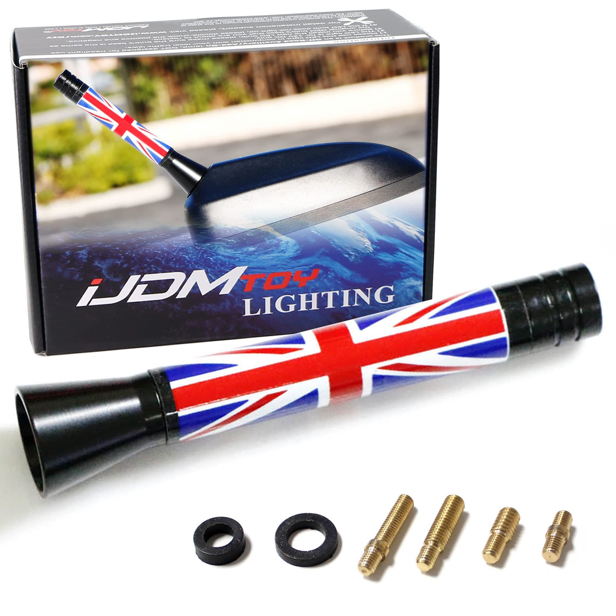 iJDMTOY 3-Inch Red Union Jack UK Flag Theme Short Antenna Compatible with Mini Cooper (All Models) & More Other Cars