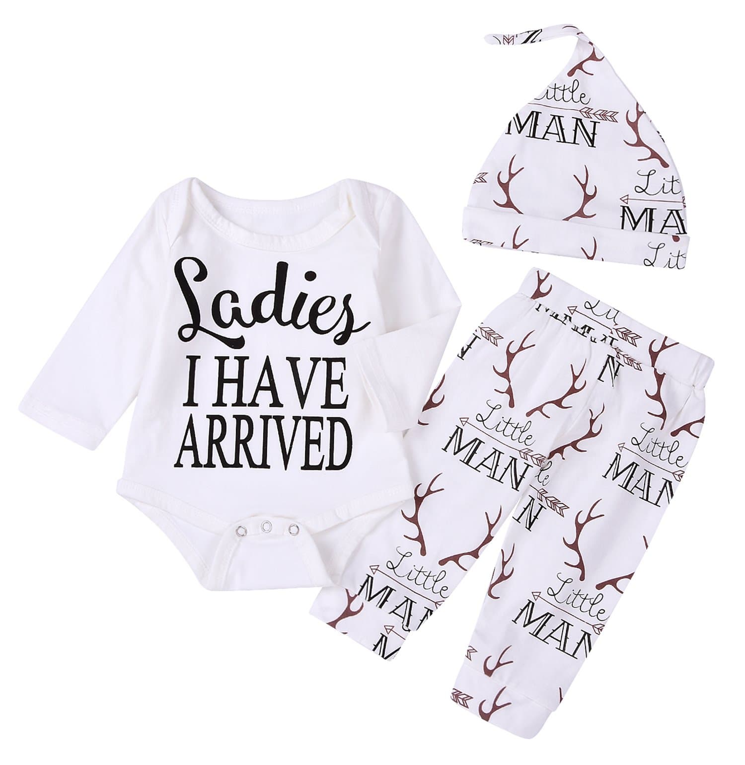 Newborn Suit for Baby Shower Deer Print Long Sleeve Romper+Long Pants+Hat