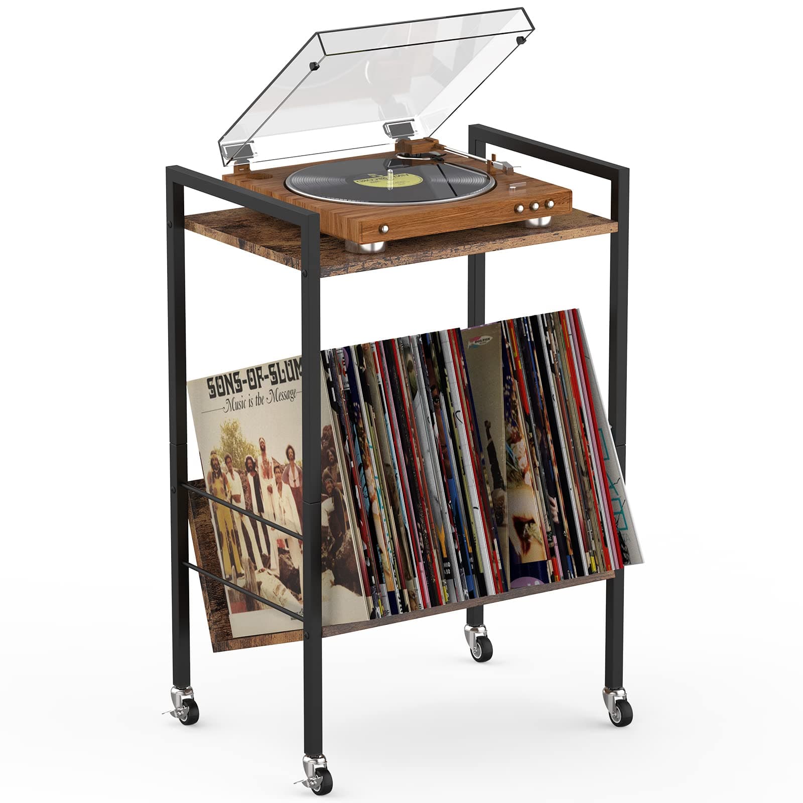 Vinyl Player Stand Record Player Stand with Record Storage Record Player Table with Wheels Turntable Stand for Record Player 2 Tier Rolling Record Storage for Living Room Bedroom Office