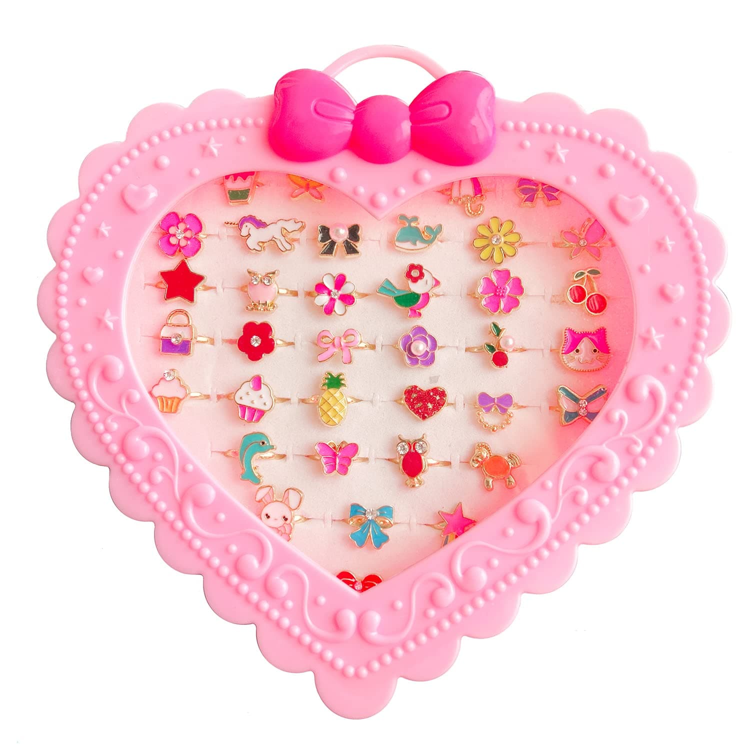 Elesa Miracle 36pcs Children Kids Little Girl Adjustable Jewelry Rings in Box, Girl Pretend Play and Dress Up Rings with Heart Shape Display Case