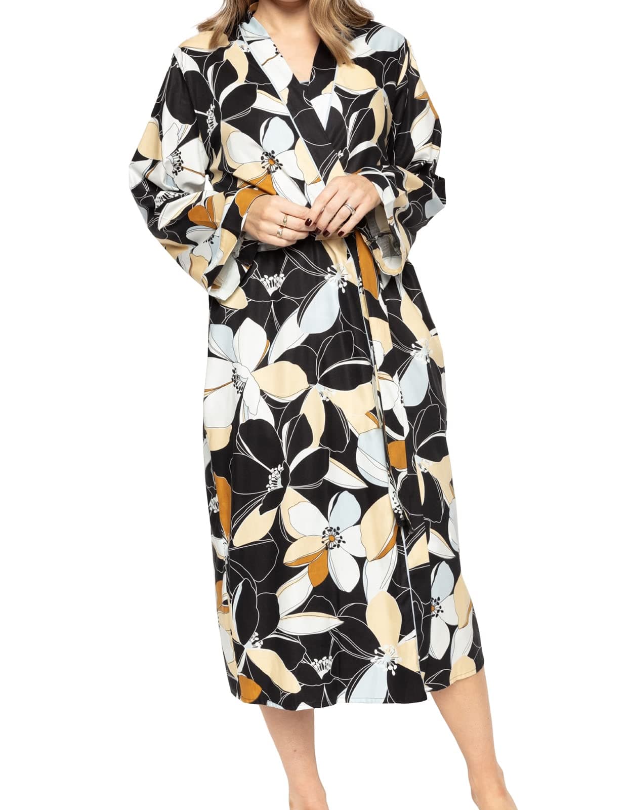 Cyberjammies Beth 9383 Women's Black Floral Print Cotton Wrap Front Robe