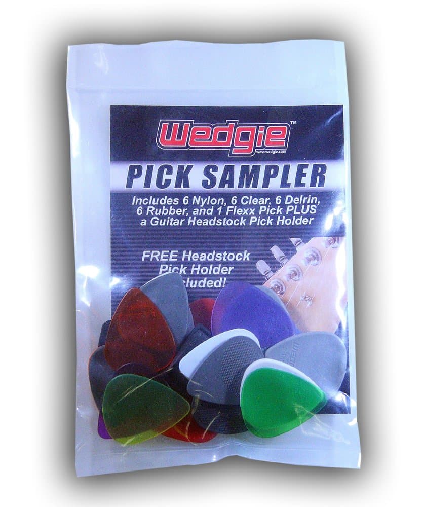 Wedgie WPSP-1 Guitar Pick Sampler Pack and Headstock Pick Holder. 6 Nylon, 6 Clear, 6 Delrin, 6 Rubber, and 1 Flexx (25 Count)