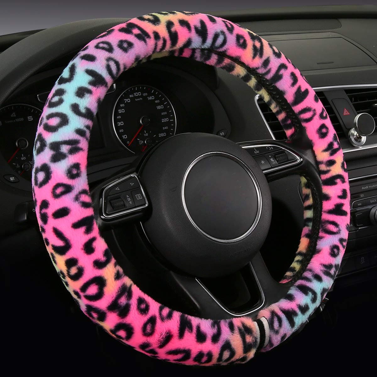 HEHALuxury Fluffy Steering Wheel Cover for Women Girls Fuzzy Steering Wheel Cover Long Plush Fashionable Leopard Print Universal 15 Inch (Fluffy-Leo)