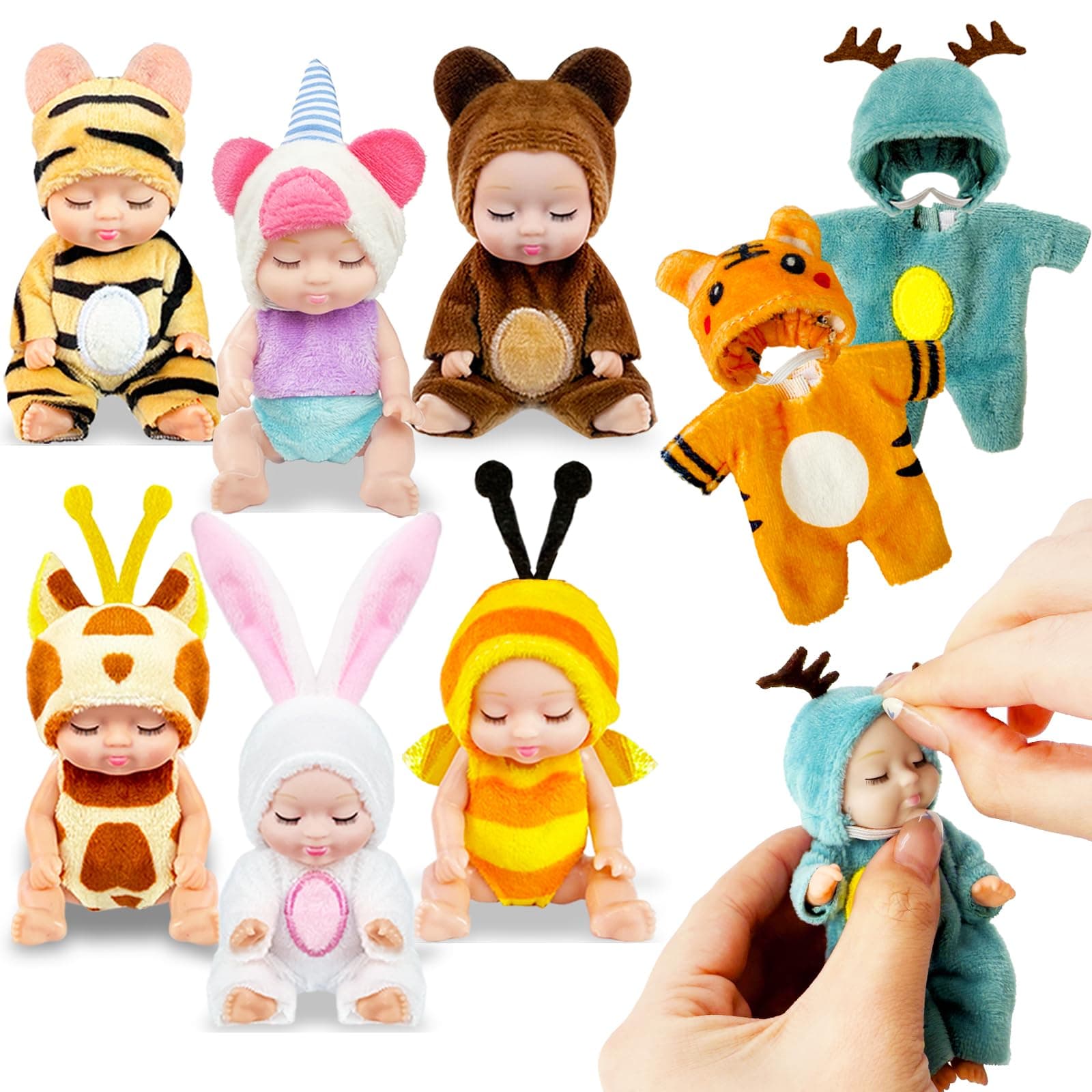 6 Pcs 4 Inch Mini Baby Dolls,Cute Small Baby Doll Toys with 8 Pcs Animal Clothes,Lifelike Realistic Reborn Tiny Baby Dolls for Kids Baby Shower Easter Basket Birthday Gifts
