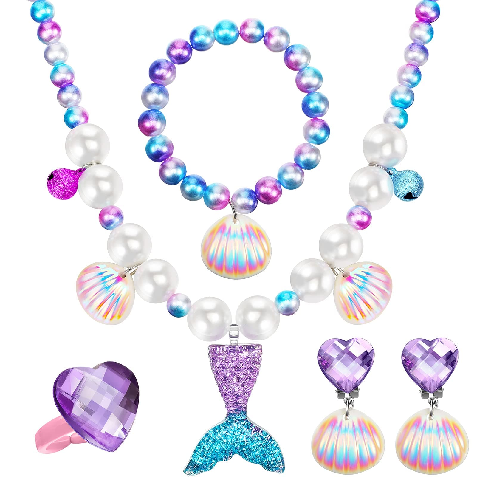 Jadive Mermaid Jewelry Set for Girls, 4 Pcs Mermaid Necklace Bracelet Ring Earrings for Kids Little Girls Christmas Halloween Dress up Pretend Play Supplies Birthday Gifts