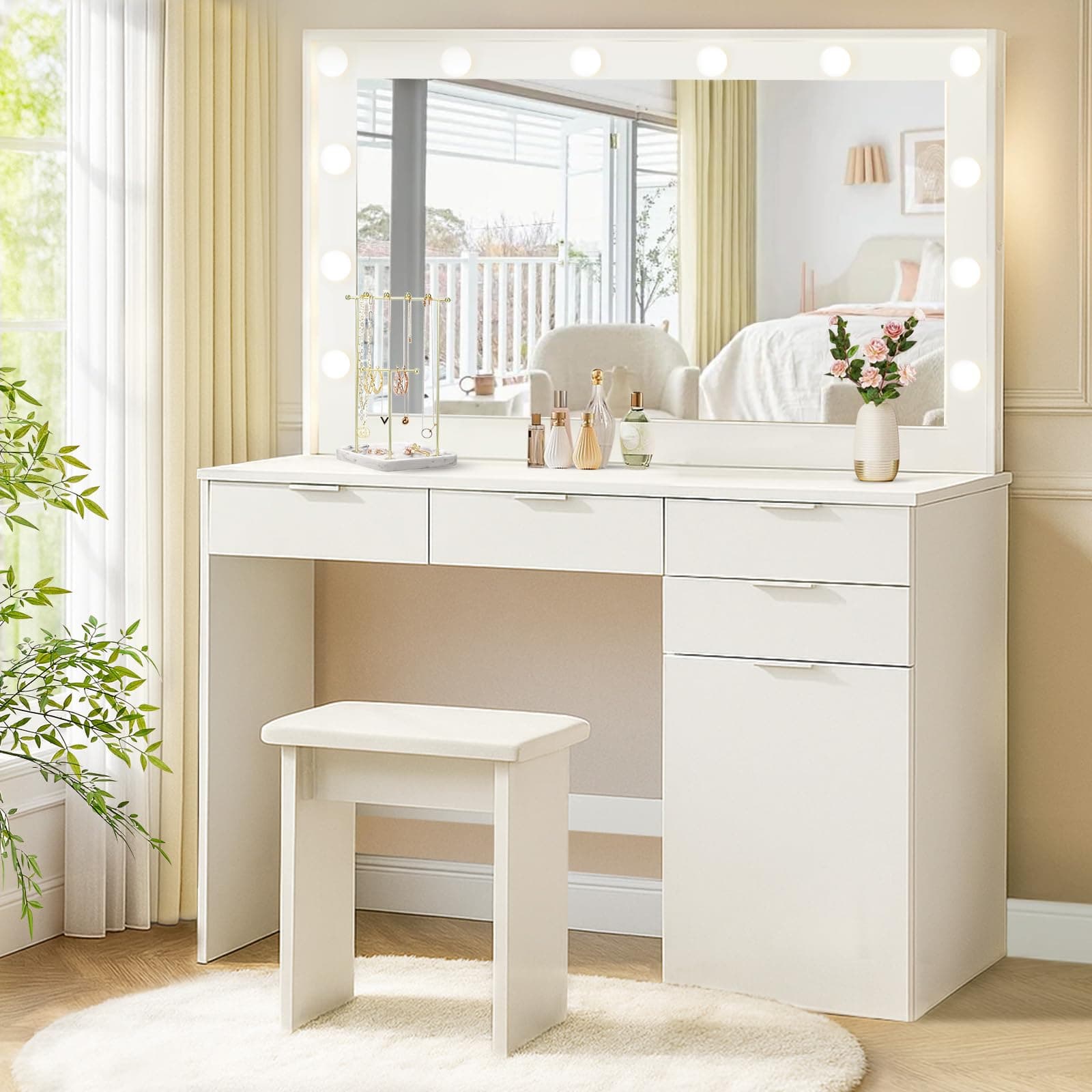 – Dressing table with Hollywood LED mirror and stool, 3 Adjustable Light Brightness, White Makeup Vanity Table with 4 Drawers and Cabinet for Bedroom, Modern Women Girls Beauty Desk