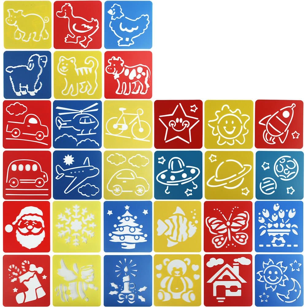 ScivoKaval 30 Pcs Painting Stencil Plastic Drawing Spraying Templates for Kids Crafts Washable Template Cute Patterns for School Projects Assorted Colors