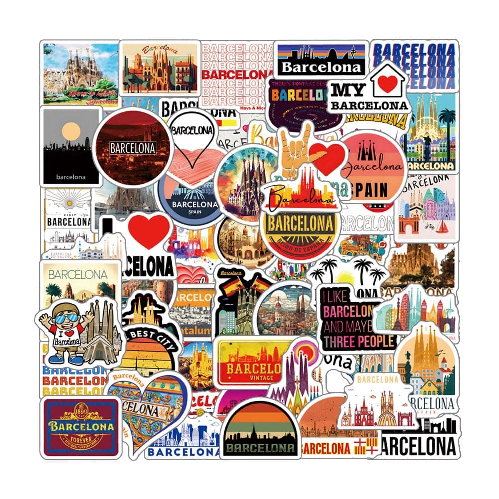 65Pcs Barcelona Stickers Pack, BCN Aesthetic Graphic Vinyl Waterproof Sticker Decals for Water Bottle,Laptop,Phone,Skateboard,Scrapbooking,Bumper Choice for Fans for Party Supply