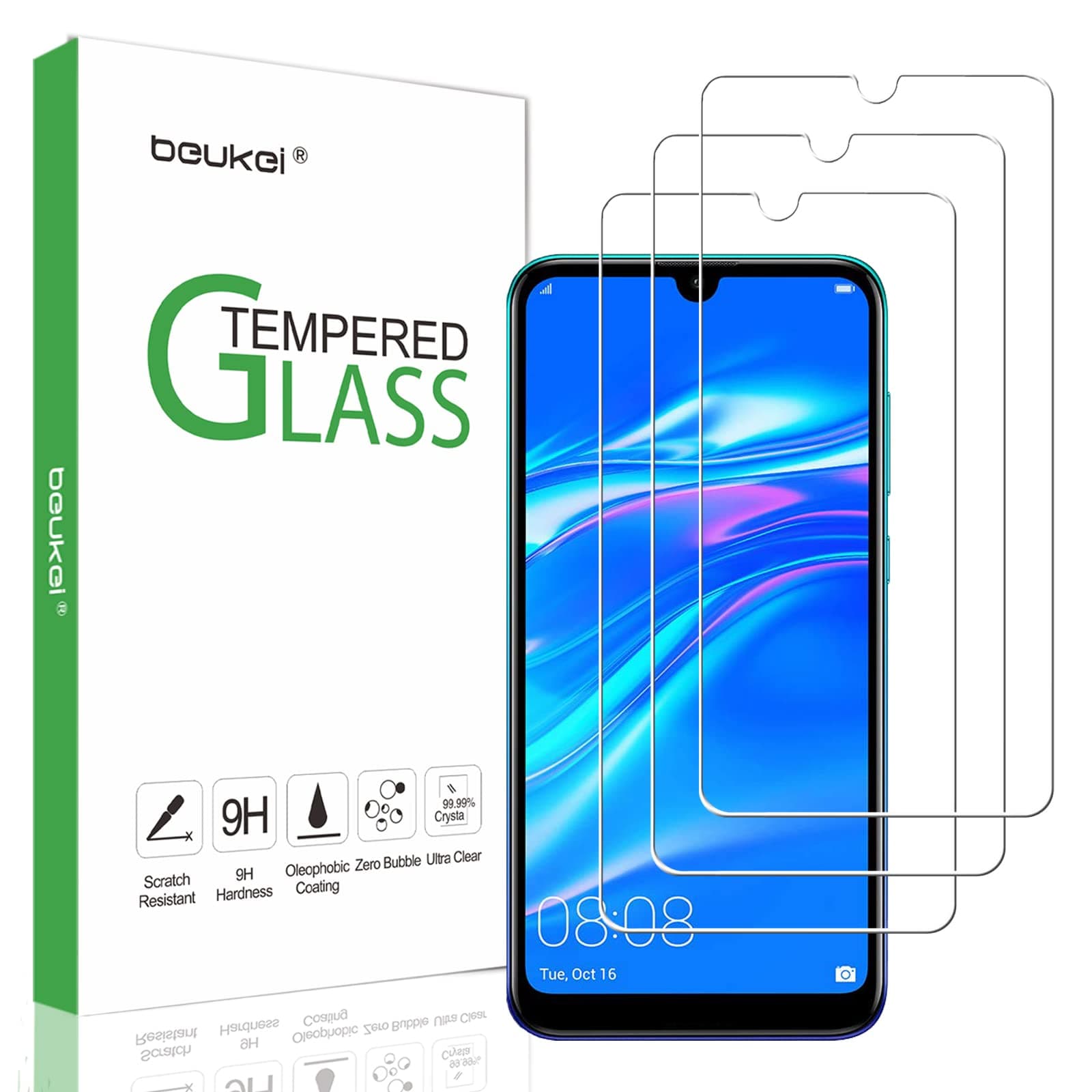 beukei (3 Pack) for Huawei Y7 2019 and Y7 Pro 2019 and Huawei Y7 Prime (2019) Screen Protector Tempered Glass,Full Screen Coverage, Anti Scratch, Bubble Free