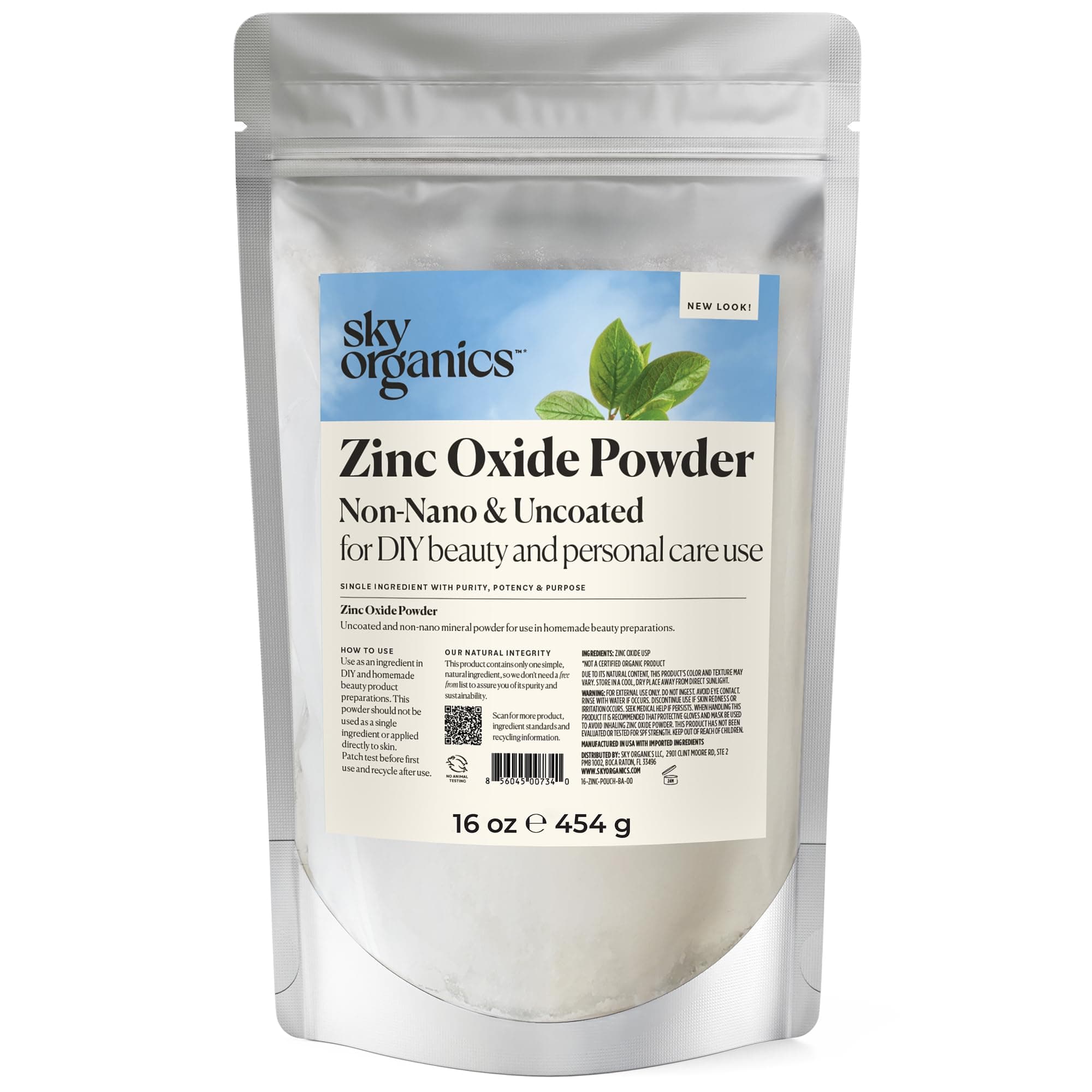 Uncoated and Non-Nano 100% Cosmetic Grade Zinc Oxide Powder for DIY Sunscreen Lotion, UVA and UVB Protection and Ideal for Diaper Rash Cream (16 oz)