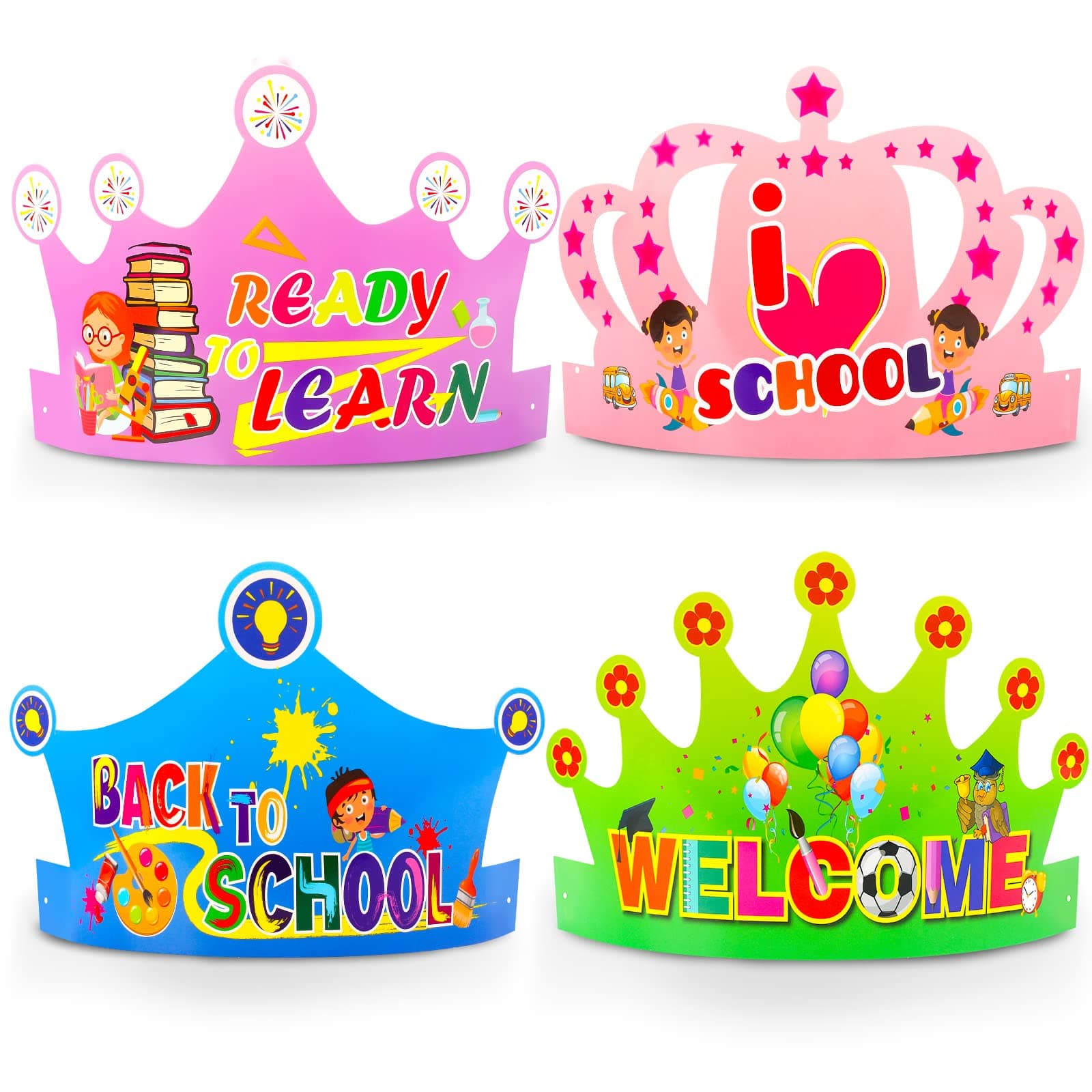 24 Pieces Welcome Back to School Paper Crown Ready to Learn Hat for First Day of School Kids Classroom School Party Supplies