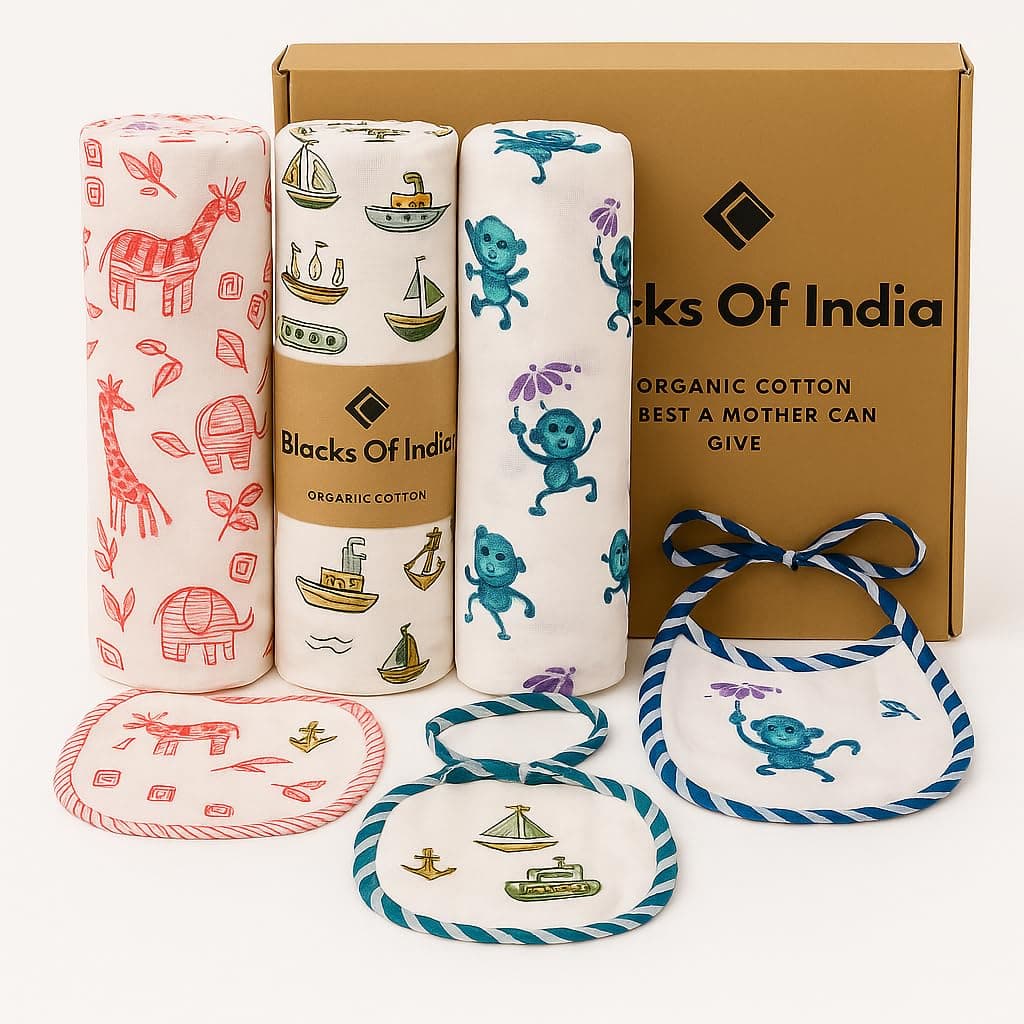 Organic Cotton Baby Muslin Cloth Hand Block Printed Swaddle - (92 x 92 Cm), Pack of 3(Blue,Green, Pink) (0-18 Months)