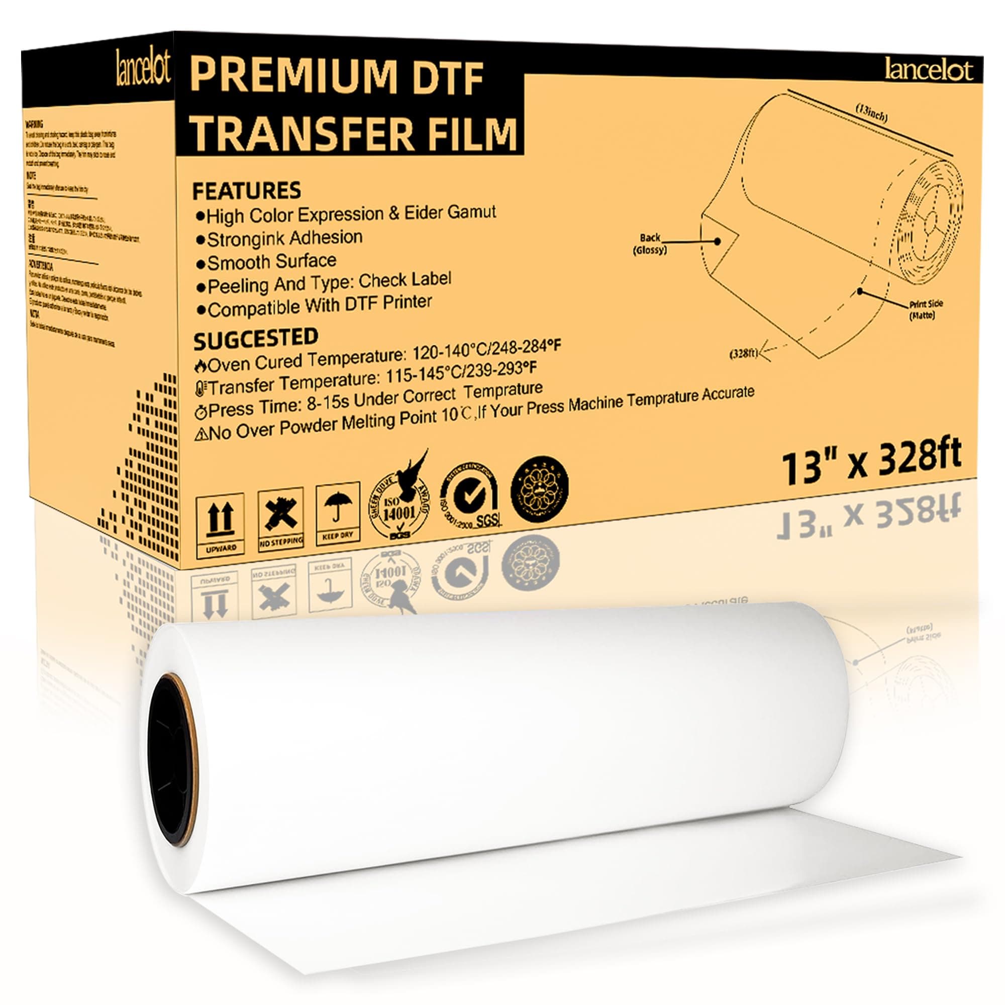 Premium DTF Transfer Roll Film 13" x328ft A3+ DTF Roll Film Double-Sided Matte Roll PET Heat Transfer Film for DIY Direct Print on Dark and Light Clothing T Shirt