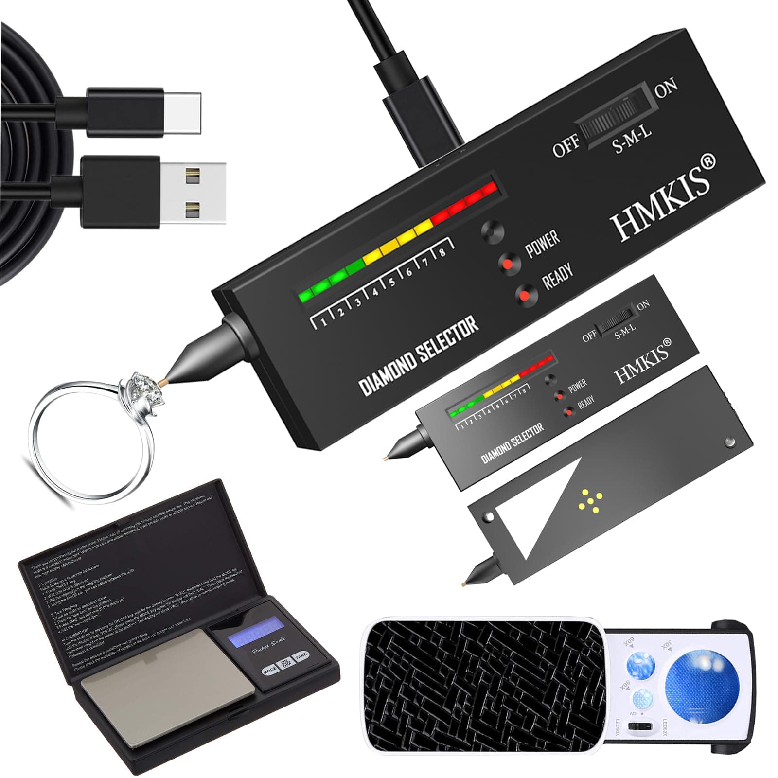 Diamond Tester＋200g/0.01g Mini Jewelry Scale＋ 60X Mini LED Magnifying, Professional Diamond Selector for Novice and Expert, Thermal Conductivity Meter (Non-Rechargeable)