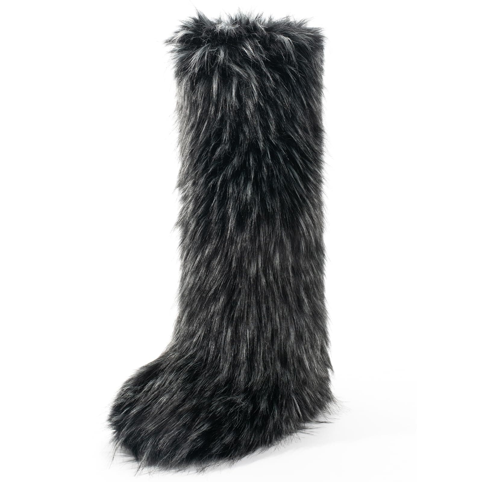 IXU Women's Faux Fur Boot Furry Fluffy Round Toe Suede Winter Comfy Plush Warm Short Outdoor Indoor Flat Shoes Knee-High Boots