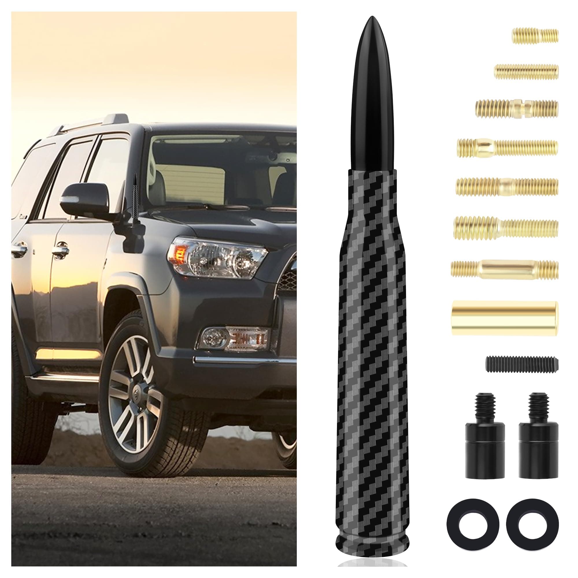 Car Bullet Antenna with 9PCS Screws,Carbon Fiber Antenna Topper Automotive Exterior Accessories Compatible with Chevrolet Ford GMC Dodge Jeep Toyota Cadillac,Fit for Car Truck SUV