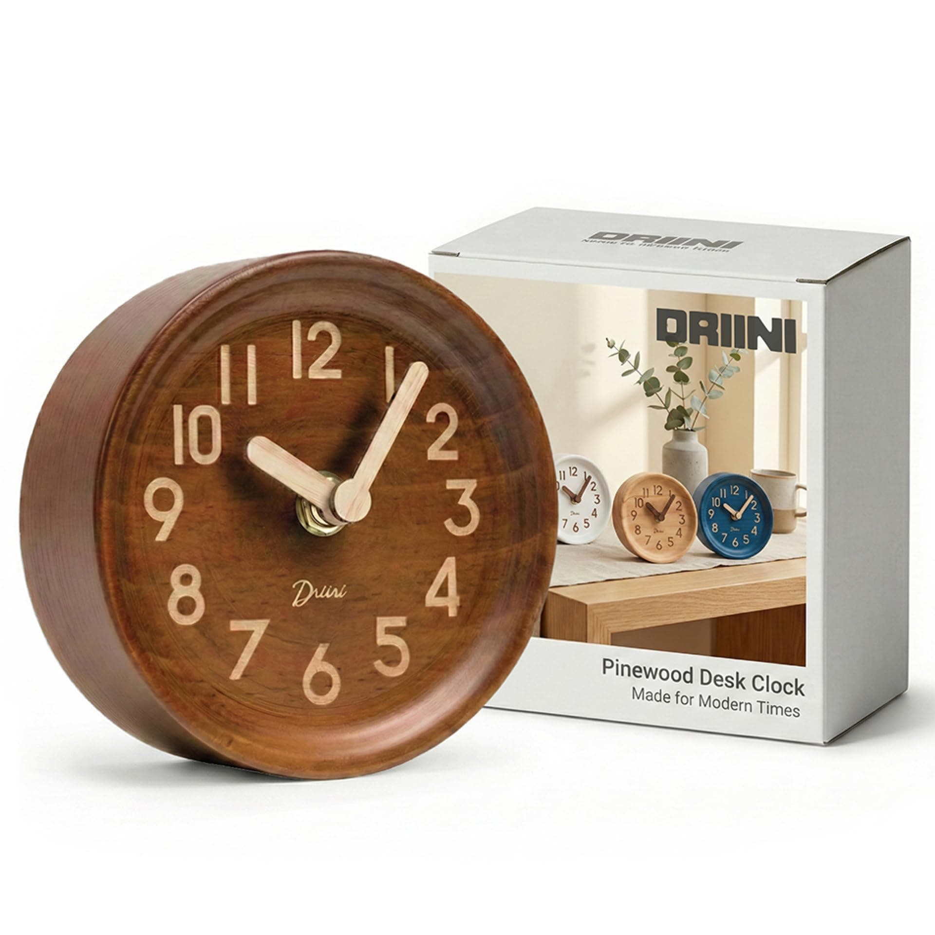 Driini Wooden Analog Desktop Clock – 4.3 in. Decorative Pinewood, No-Tick Design – Easy to Read Silent Sweep Mantle Clock – Quiet Tabletop Clocks with Wood Body, Hands, & Battery Cover; Dark