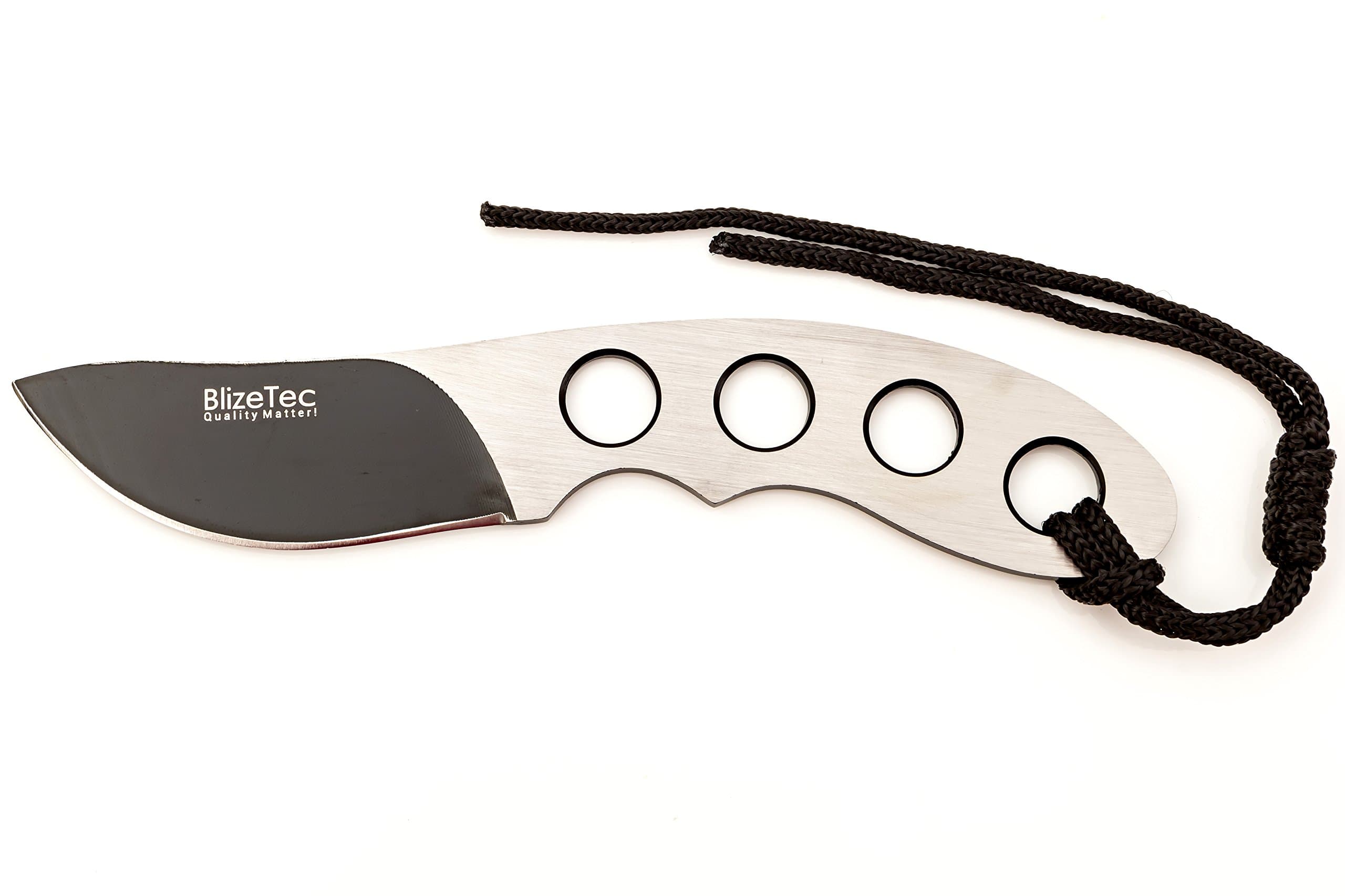 BlizeTec Fixed Blade Hunting Knife: Titanium Coated Black Blade, Stainless Steel Handle with Emergency Lanyard