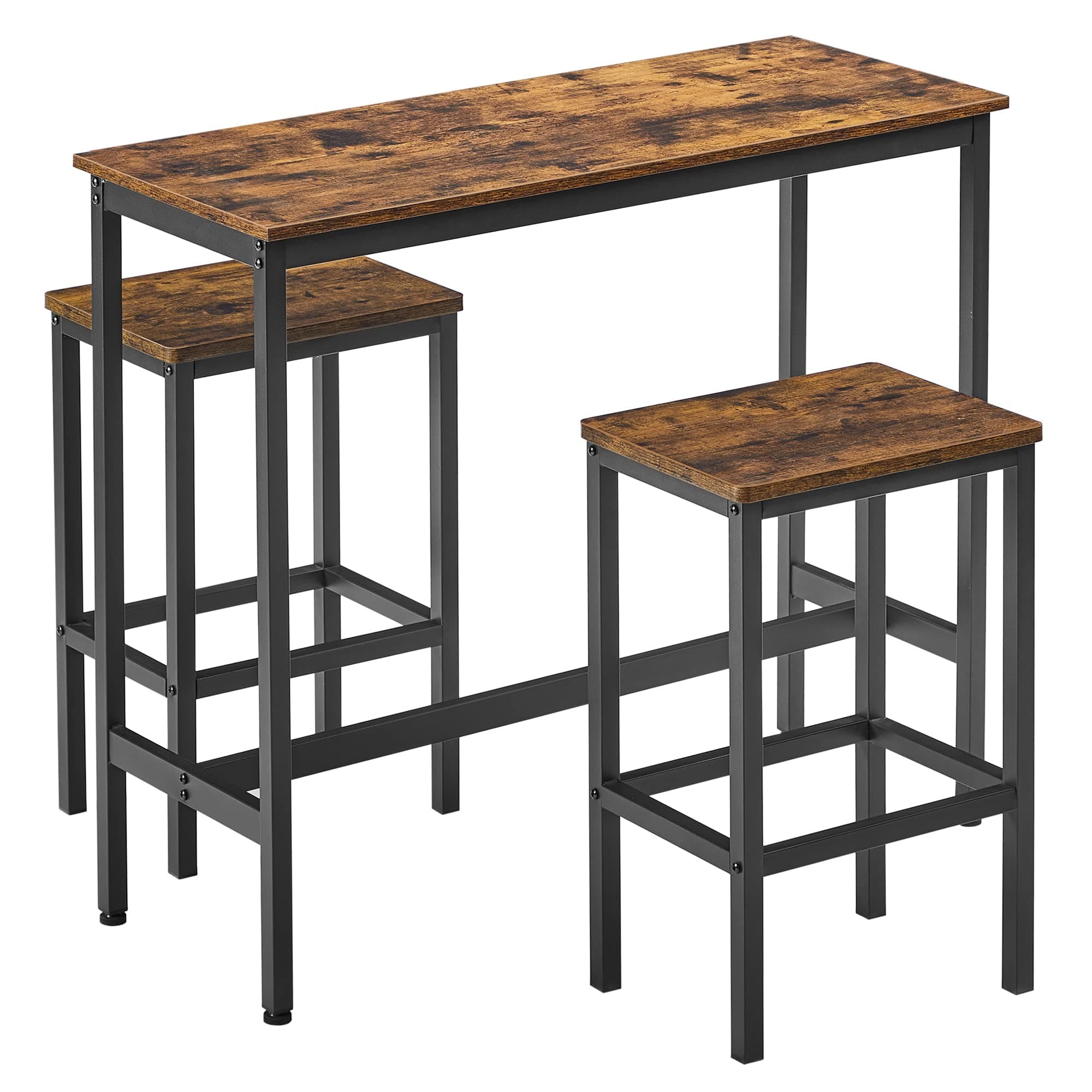 Dining Table Set, Bar Table and Stools, Breakfast Bar Table with Bar Stools, 2, Industrial Steel Frame, Rustic Brown and Black LBT218B01