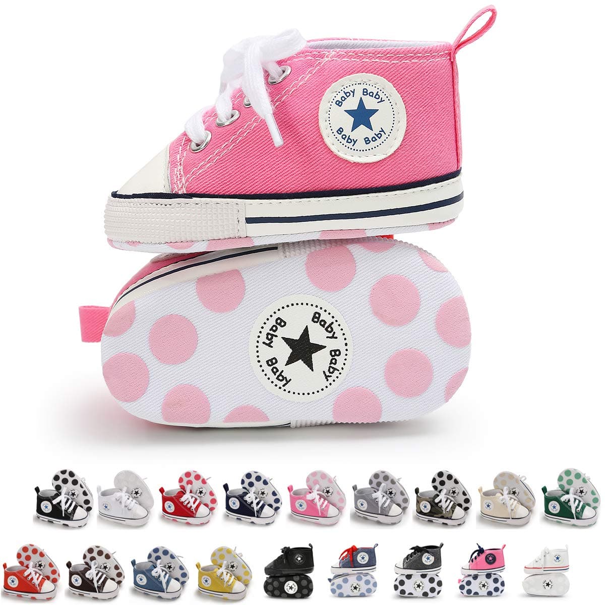 KIDSUNUnisex Baby Boys Girls High Top Sneaker Soft Anti-Slip Sole Newborn Infant First Walkers Canvas Denim Shoes