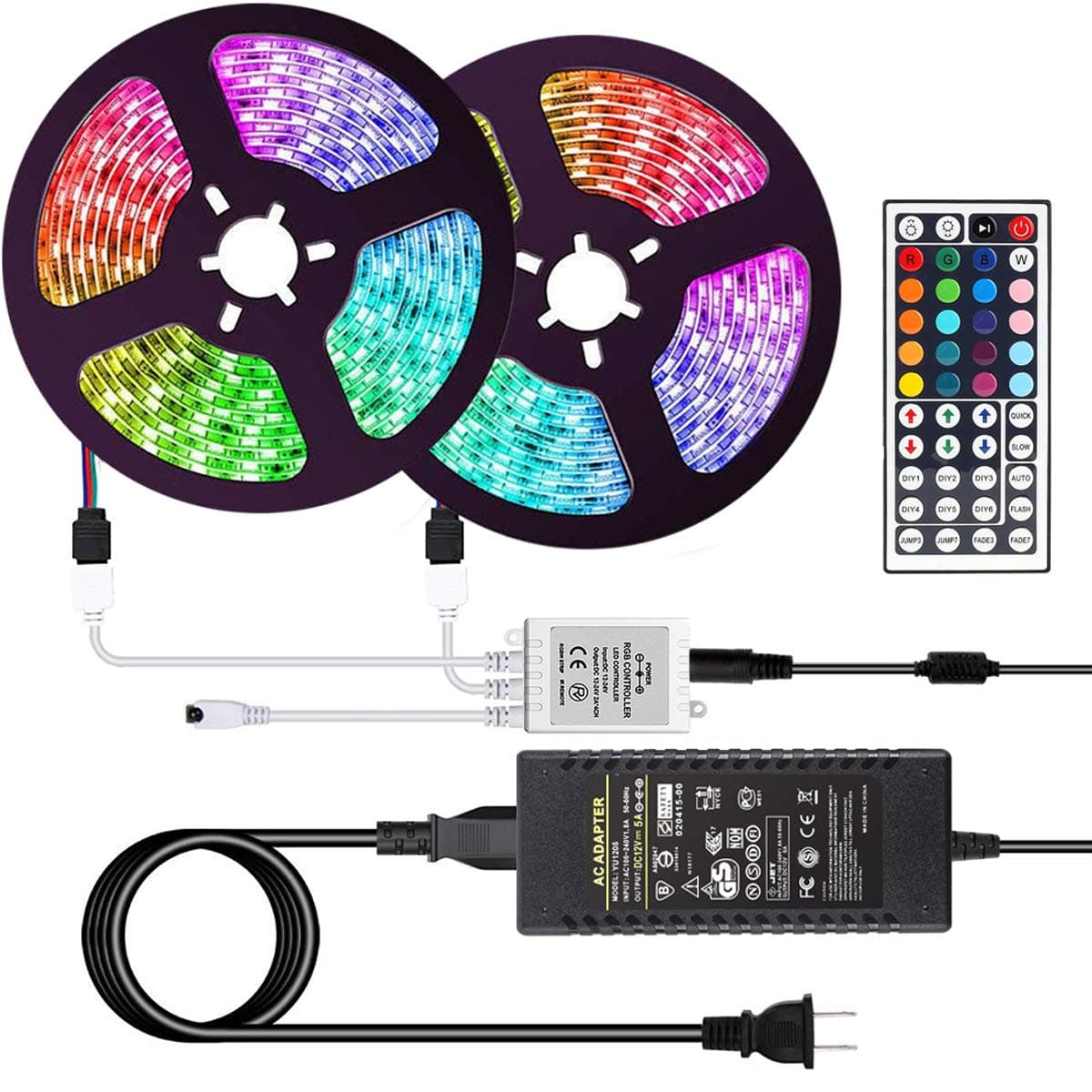 32.8ft 10M SMD 5050 RGB LED Strip Lights 300leds IP65 Waterproof Lighting Color Changing Tape with 44 Keys IR Remote Controller DC 12V 5A Power Supply for TV,Home Kitchen Bedroom Decor