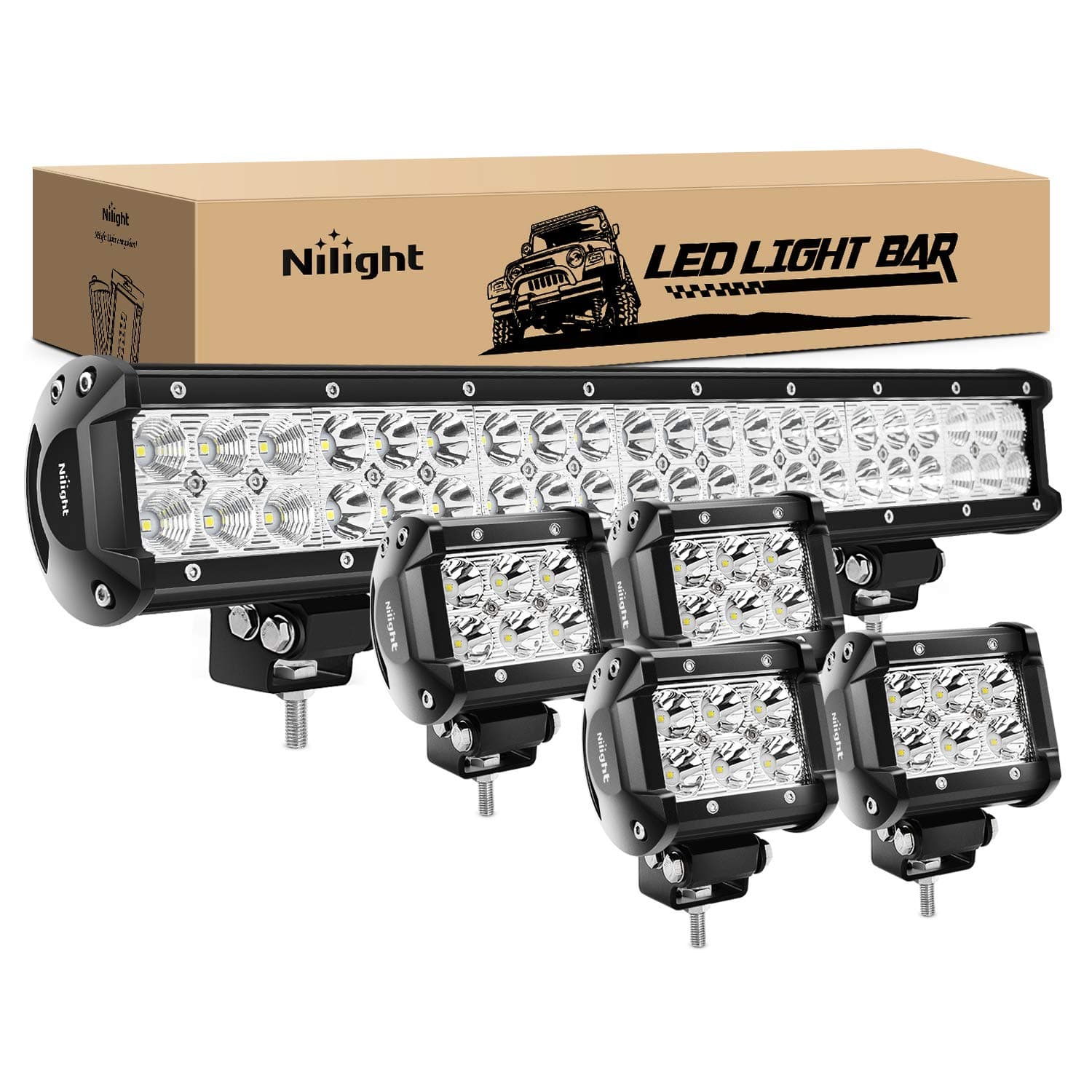Nilight - Zh003 20Inch 126W Spot Flood Combo Led Light Bar 4Pcs 4Inch 18W Pods Fog Lights For Jeep Wrangler Boat Truck Tractor Trailer Off-Road, 2 Years Warranty