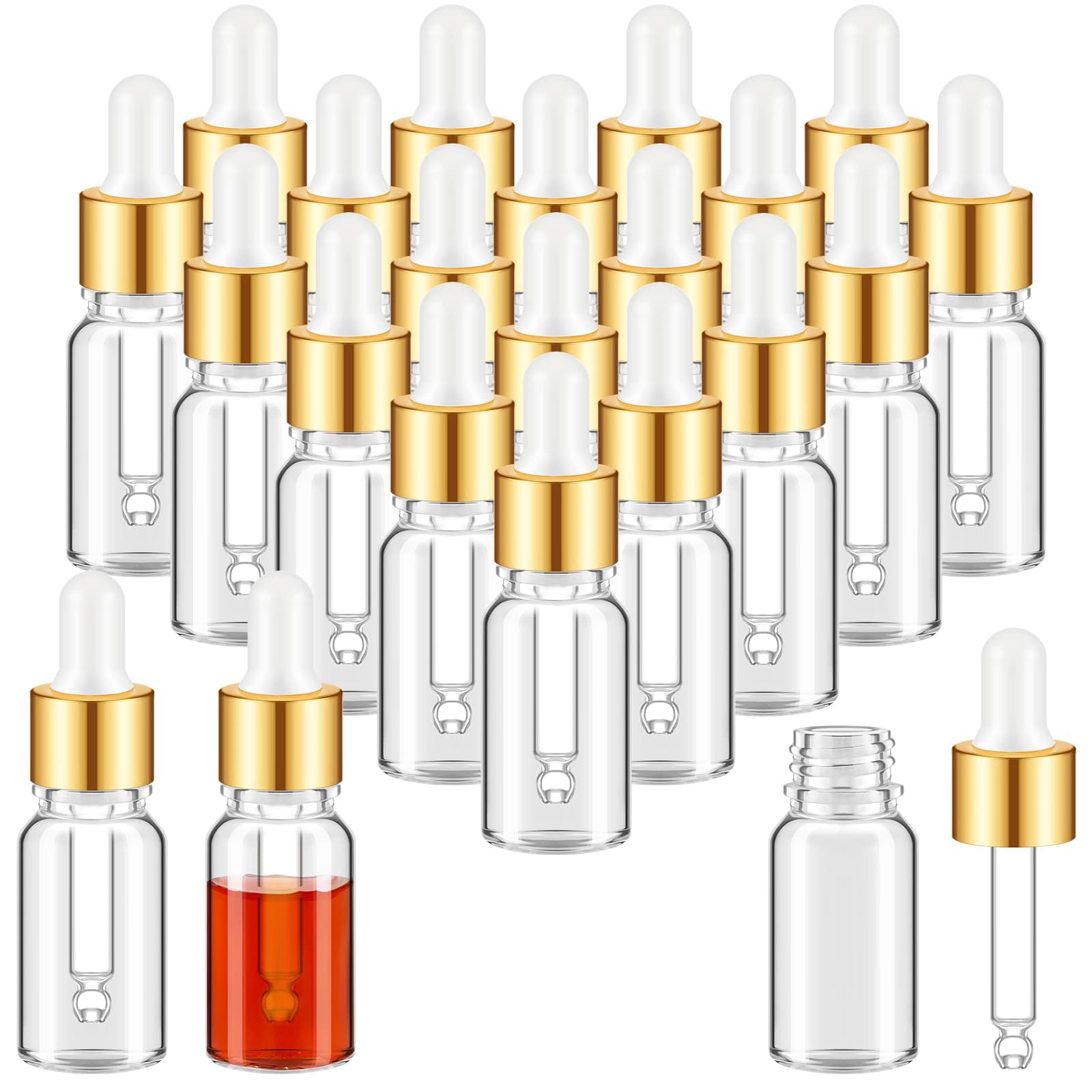 100 Pcs Mini Glass Oil Dropper Bottle Bulk, Clear Essential Small Empty Bottles Sample Containers Perfume Liquid Vials with Cap for Traveling (10 ml,Gold)