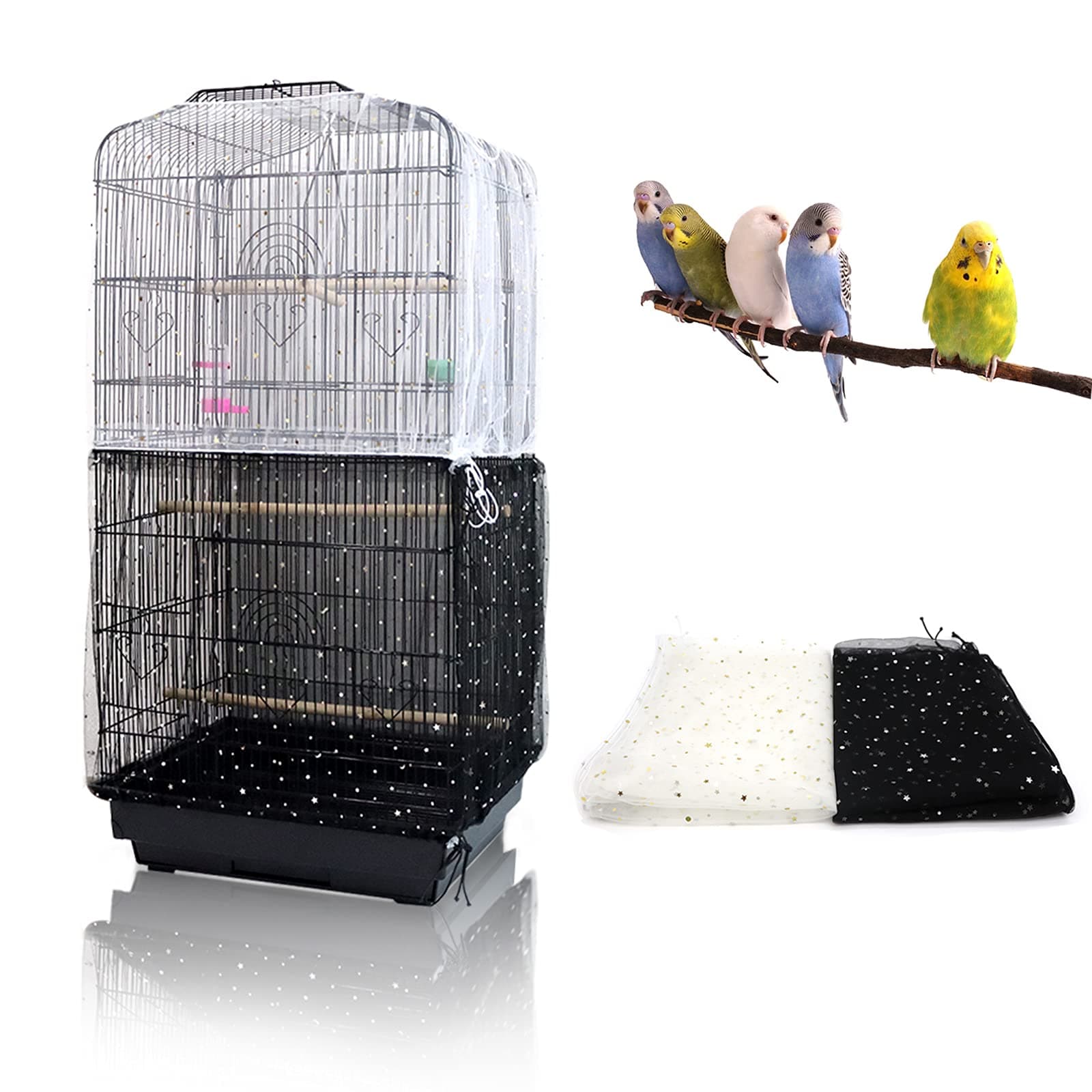 Daoeny 2Pcs Adjustable Bird Cage Cover, Upgraded Airy Nylon Mesh Parrot Net with Sequins, Universal Seed Feather Catcher, Soft Birdcage Cover Skirt Sheer Guard for Parakeet Macaw Round Square Cages