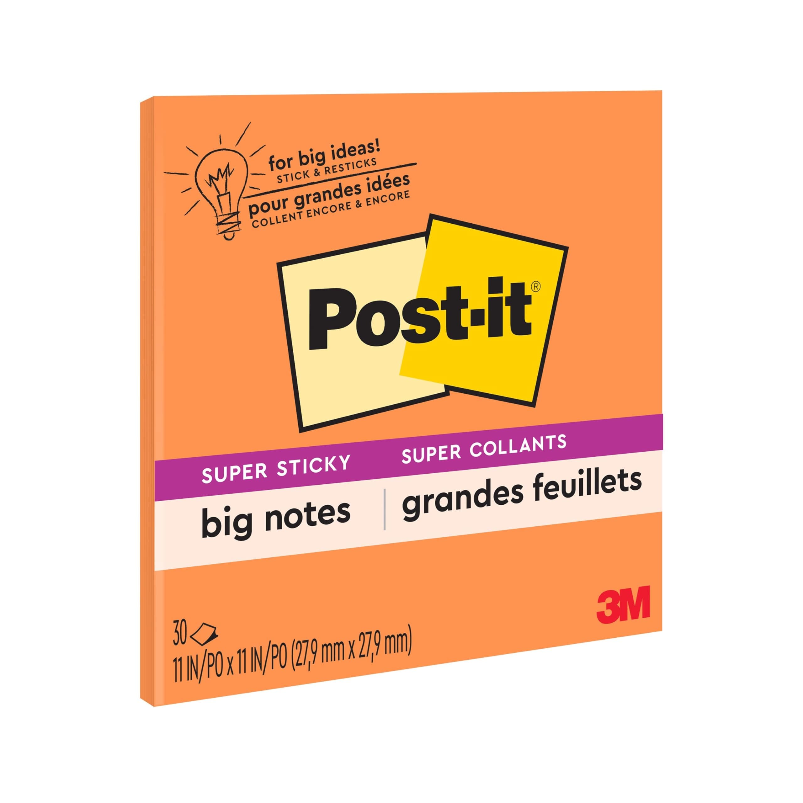 Super Sticky Big Notes, 11 in x 11 in, 1 Pad, 2X the Sticking Power, Neon Orange (BN11O)
