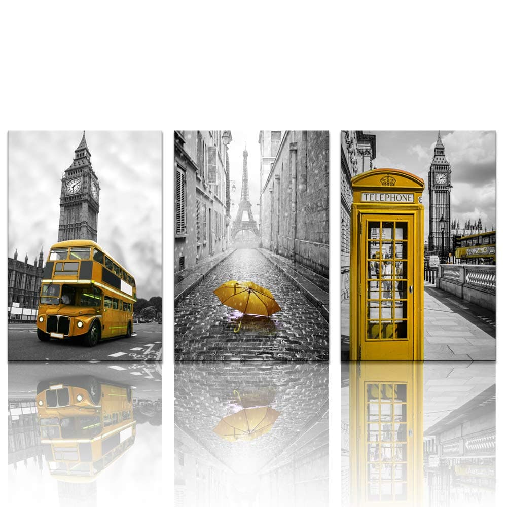 Biuteawal - 3 Panel City Wall Art Paris Eiffel Tower Picture Prints London Big Ben with Telephone Booth Landscape Painting on Canvas Black and Yellow Artwork for Home Decor