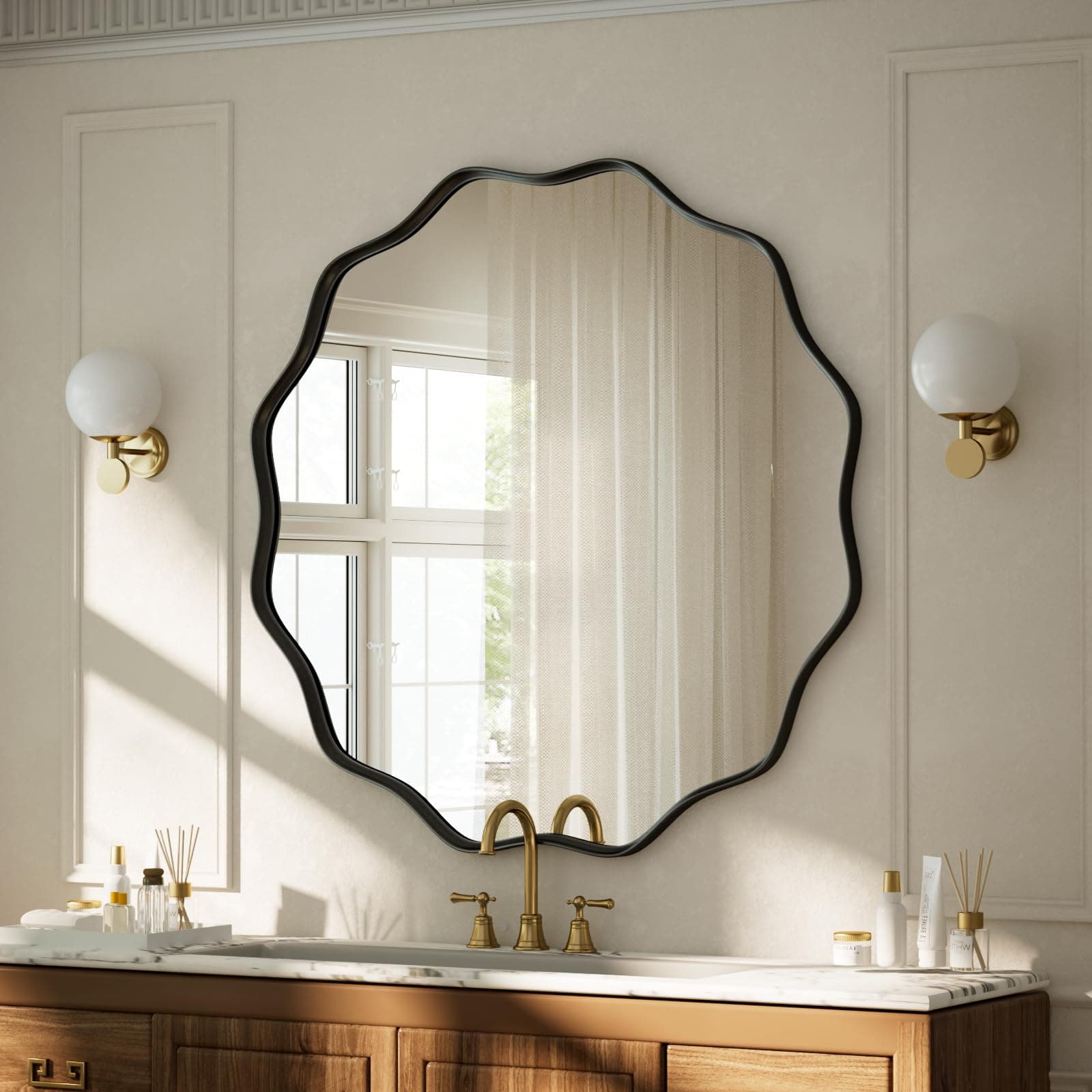 VooBang Black Scalloped Circle Mirror, 24" Wavy Edge Round Wall Mirror with Tempered Glass Textured Circular Metal Deep Frame, Hanging Leaning for Bathroom, Hallway, Entryway, Livng Room