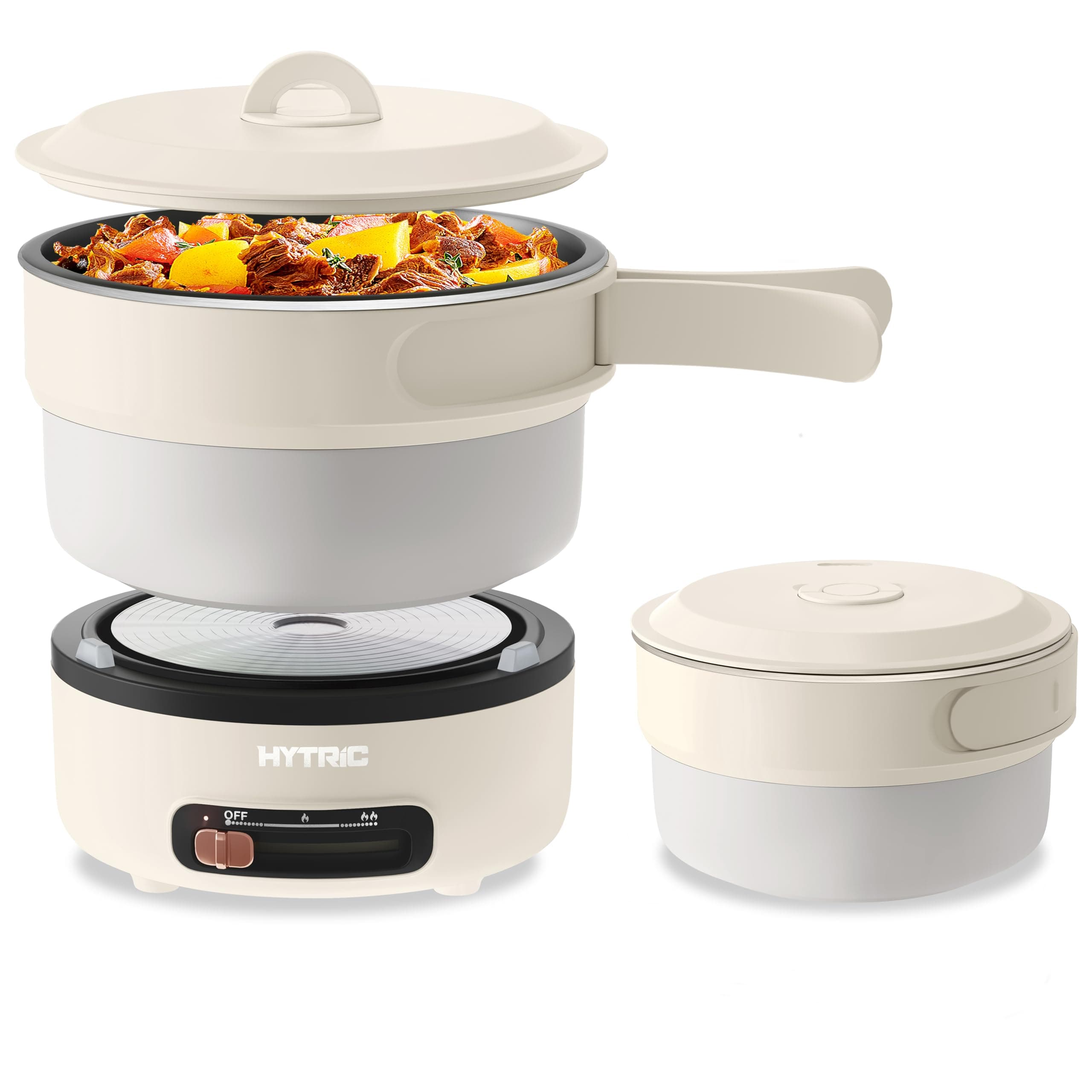 Electric Cooker, 2L Portable Electric Cooker with Foldable Handle, Non-Stick Electric Cooker with Dual Power Control for Camp, Dorm, Multi-Function Ramen Cooker for Oatmeal, Steak, Pasta,