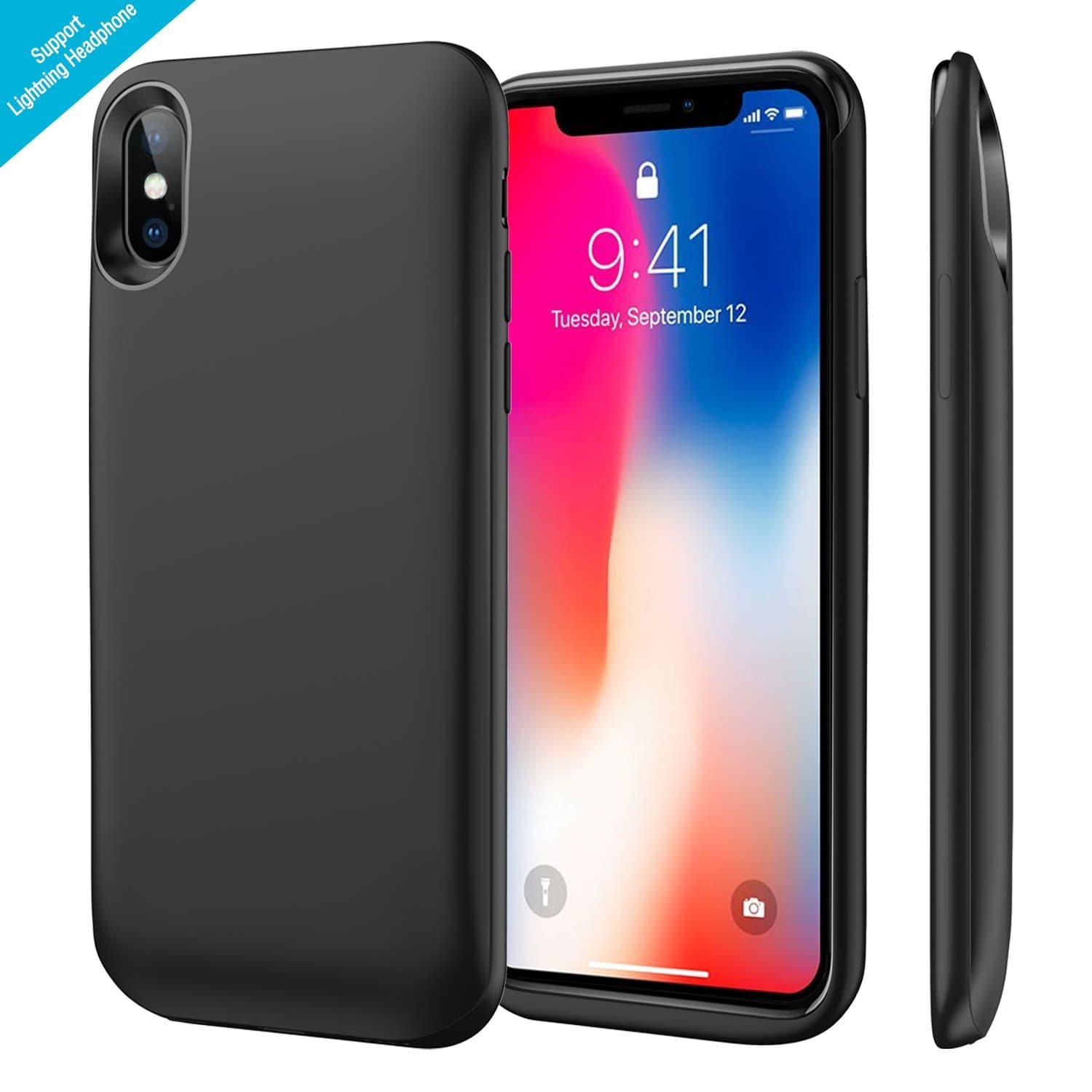 iPhone X Battery Case, 6000mAh Rechargeable Charging Case Supports Wired Headset/Bluetooth Earphone/Lightning Cable, Portable Charger Case for iPhone 10 (5.8 inch), SYNC Through Technology (Black)