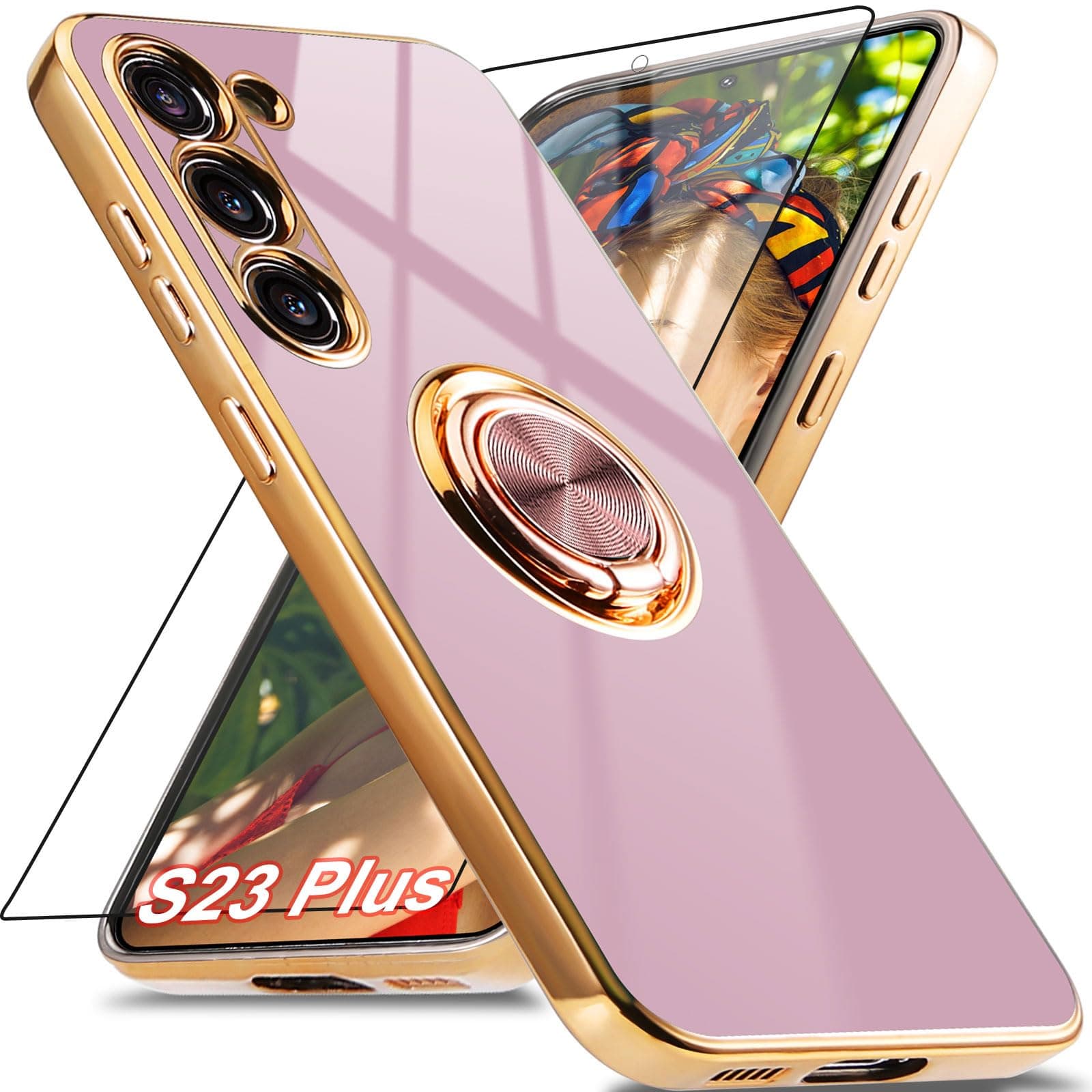 for Samsung Galaxy S23 Plus Case with 1 Screen Protector, Built-in 360° Rotation Ring Holder Magnetic Stand, Luxury Shiny Plating Edge Shockproof Electroplated Protective Cover (Purple/Golden)