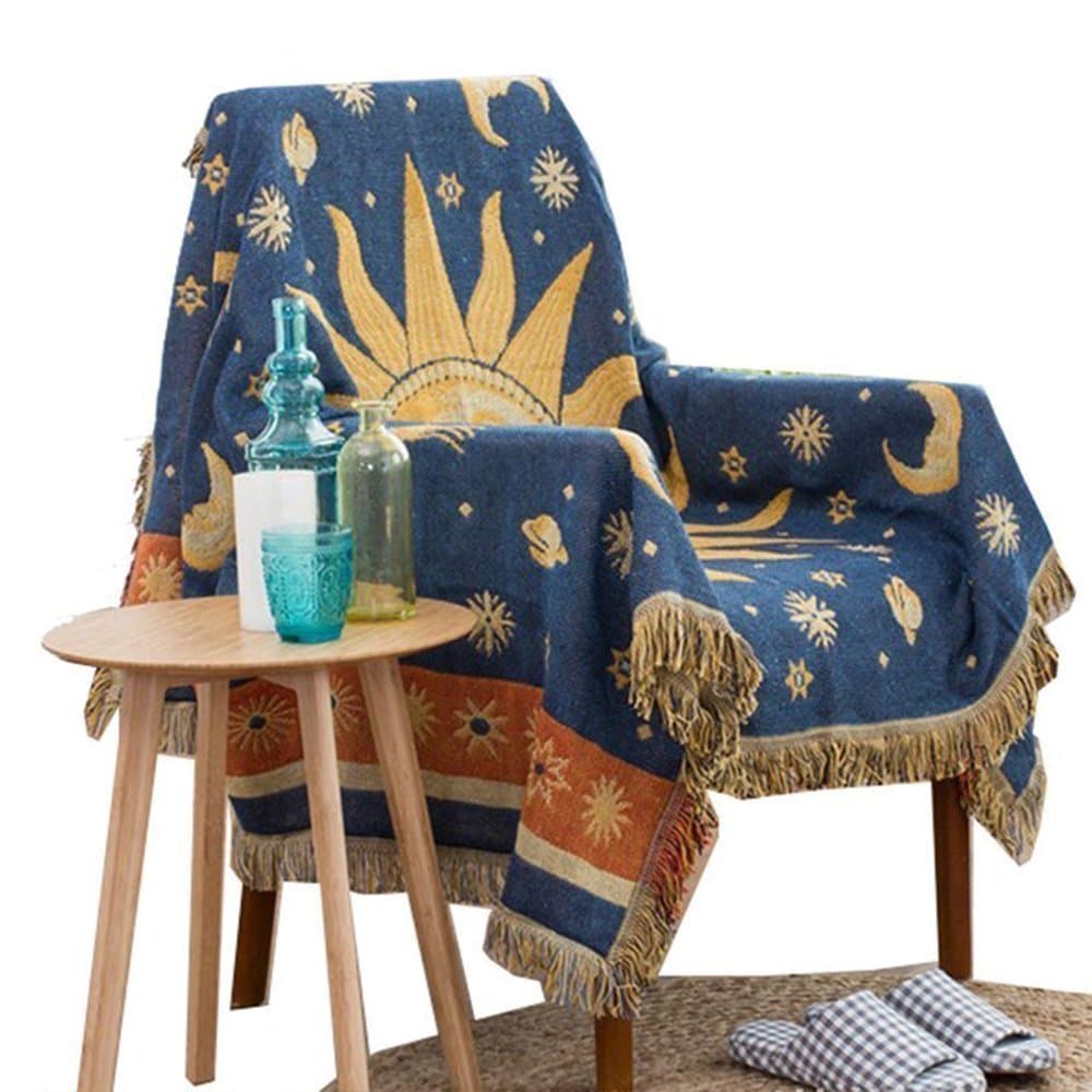 Moon and Sun Throw Blanket Multi-Function Double Sided Cotton Woven Couch Throws Tassels Blue Yellow 51"X71"