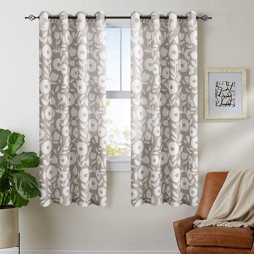 Vangao Floral Printed Curtains for Living Room 72 inch Length Linen Textured Vintage Window Curtain Panels for Bedroom Grommet Window Treatment Set, 2 Panels, Grey and White