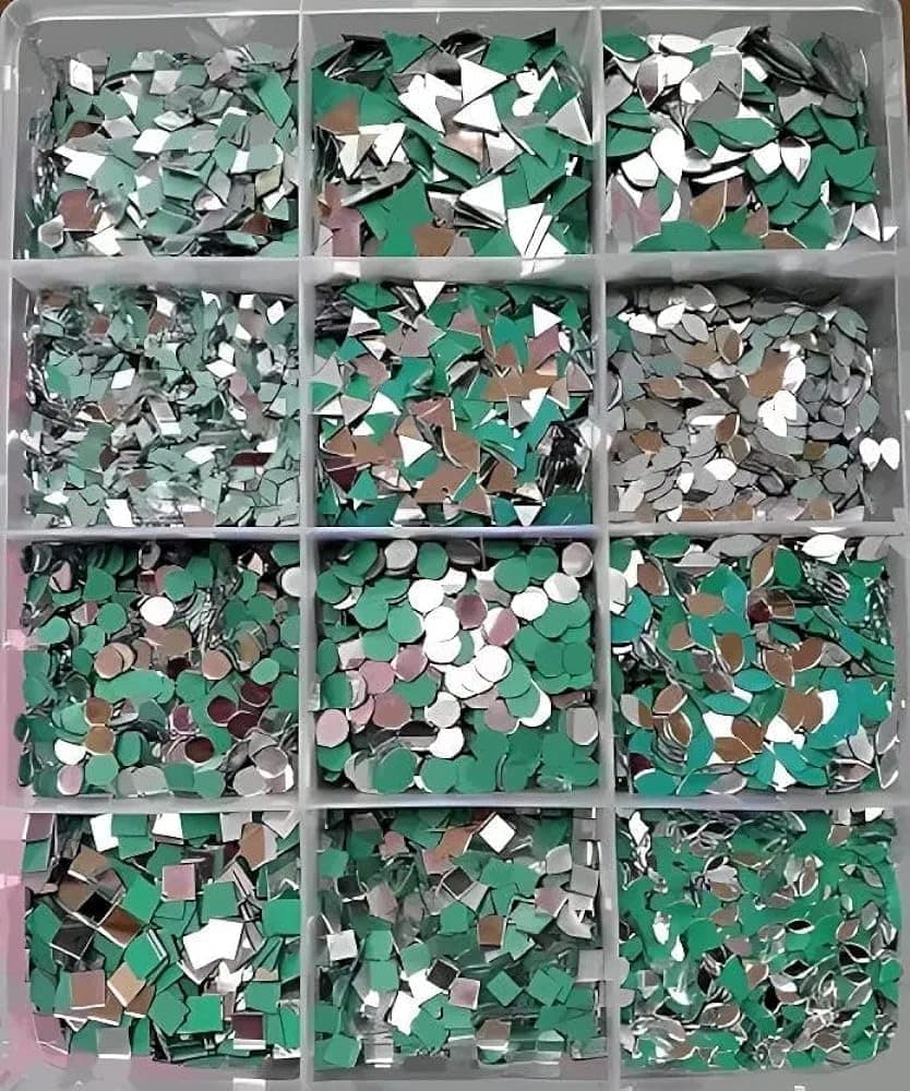 Generic 12 Shape Mirror Kit for Craft Mirror Work, Lippan Art, Jewellery Work (1200+ Pcs, Each Shape 100+ Pcs) + 1 Glue Cone (Free), Multicolor