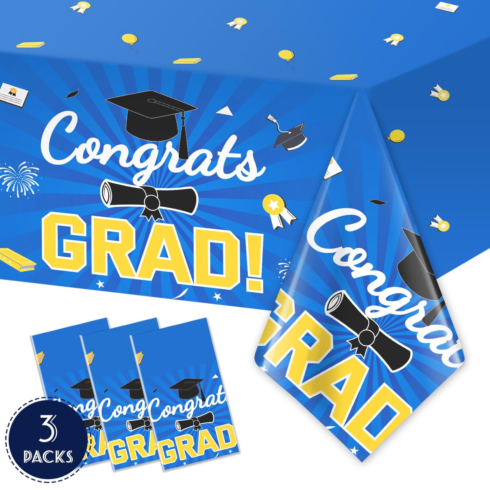Upgraded,3 Pack Blue Graduation Table Cloths, Graduation Decorations Class of 2024 Graduation Tablecloth,Premium Aluminum Graduation Table Covers,Blue and Gold Congrats Grad Decorations 2024,54"x108"